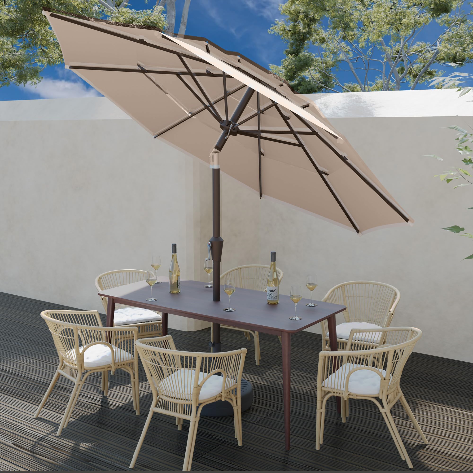 Tobeos umbrella height next to chairs showing scale and practical yard coverage