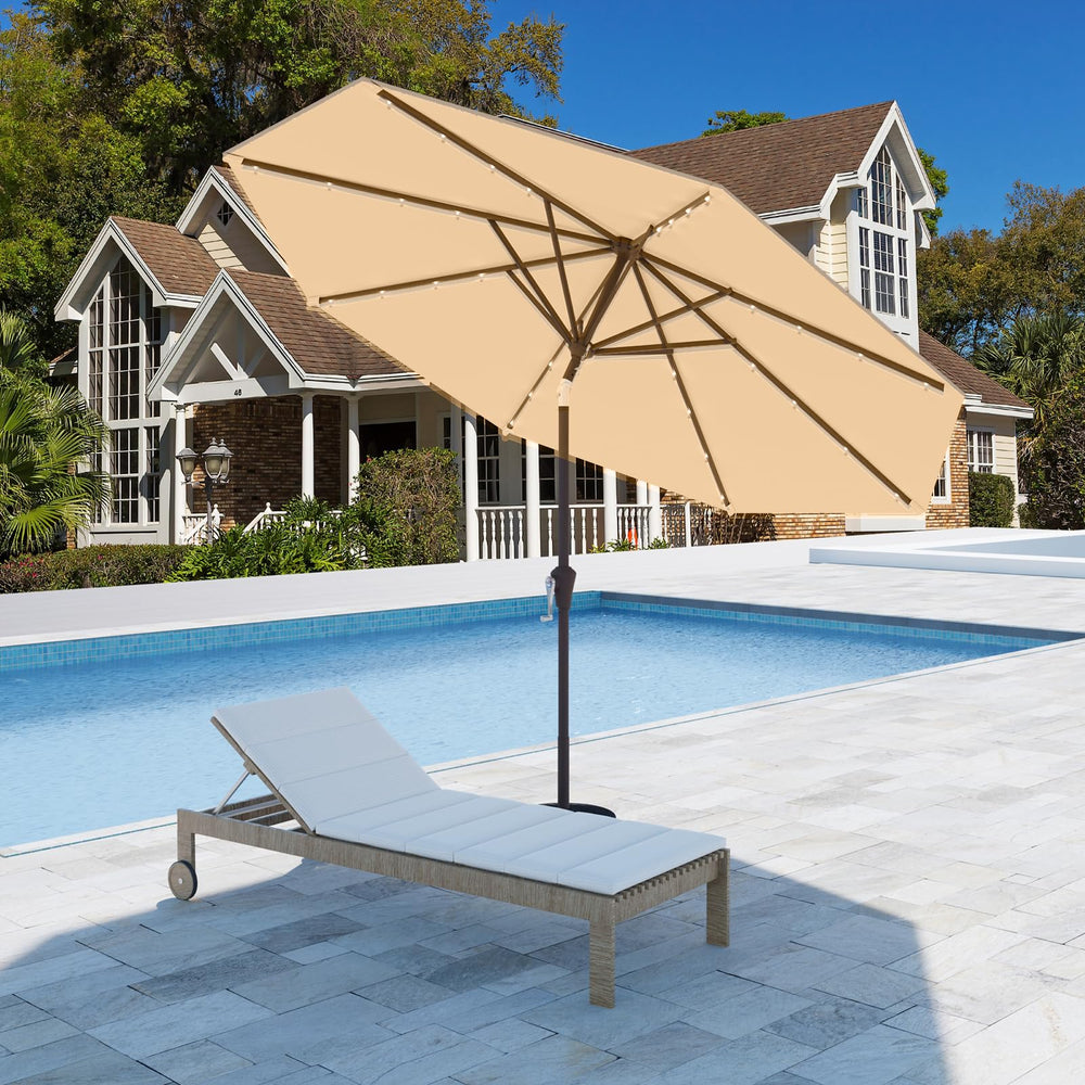 Tobeos umbrella beside table showing coverage for four to six people