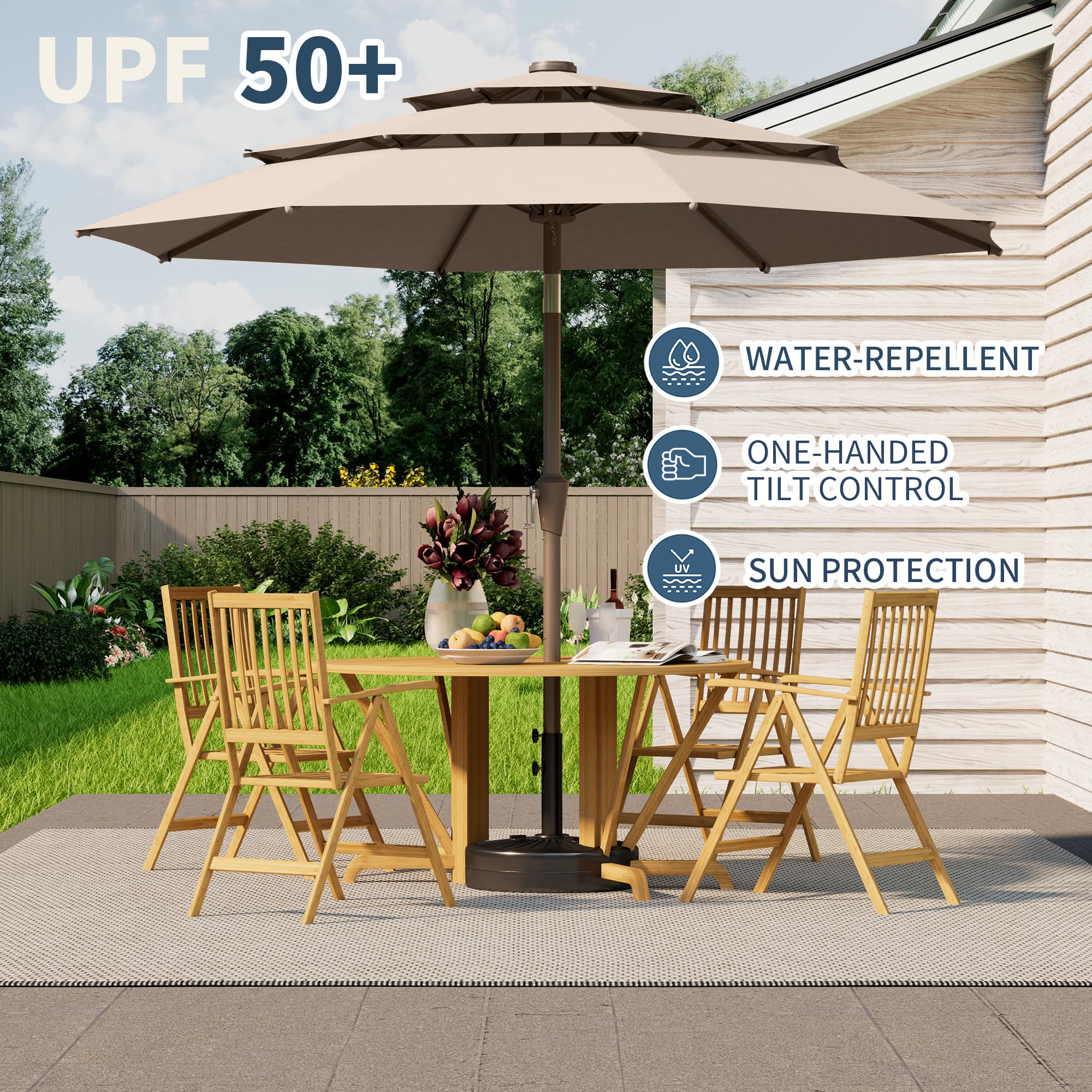 Tobeos umbrella shading a patio table demonstrating coverage for four to six seats