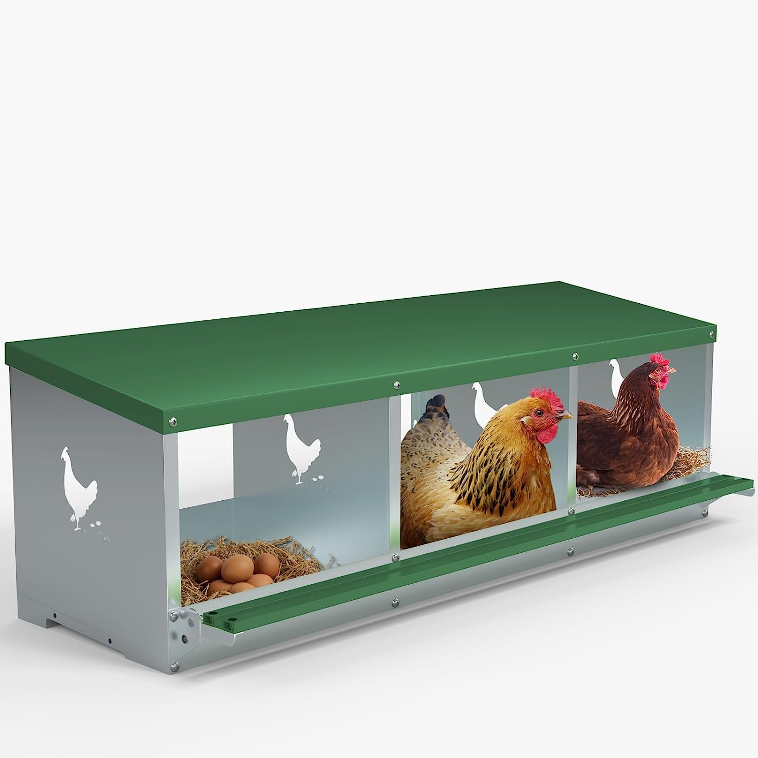 TOCRETOARE front view of three-hole nesting box showing organized egg compartments and durability