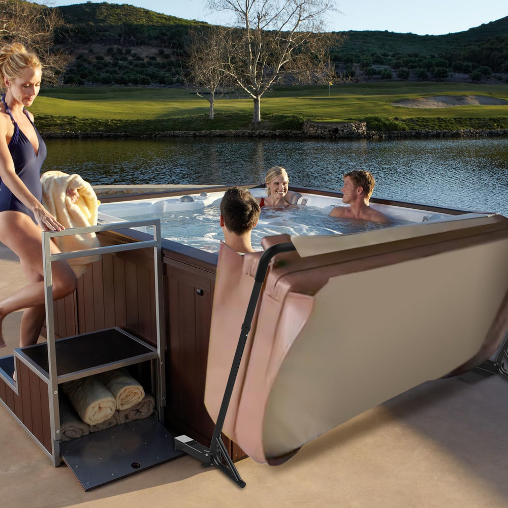 TOCRETOARE lifestyle spa backdrop showing neat installed lift and effortless cover removal
