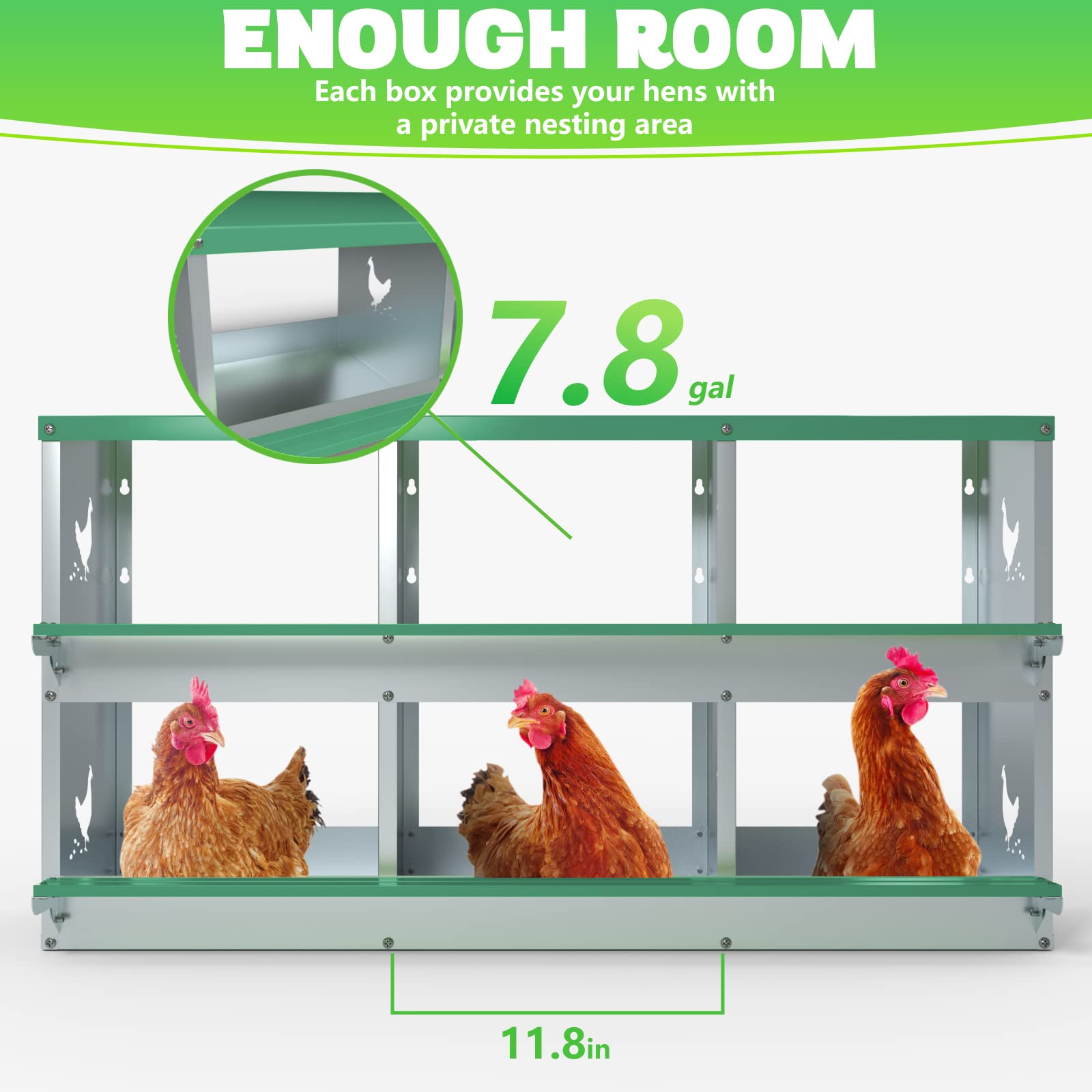 TOCRETOARE size comparison with a rooster showing dimensions and per-compartment space