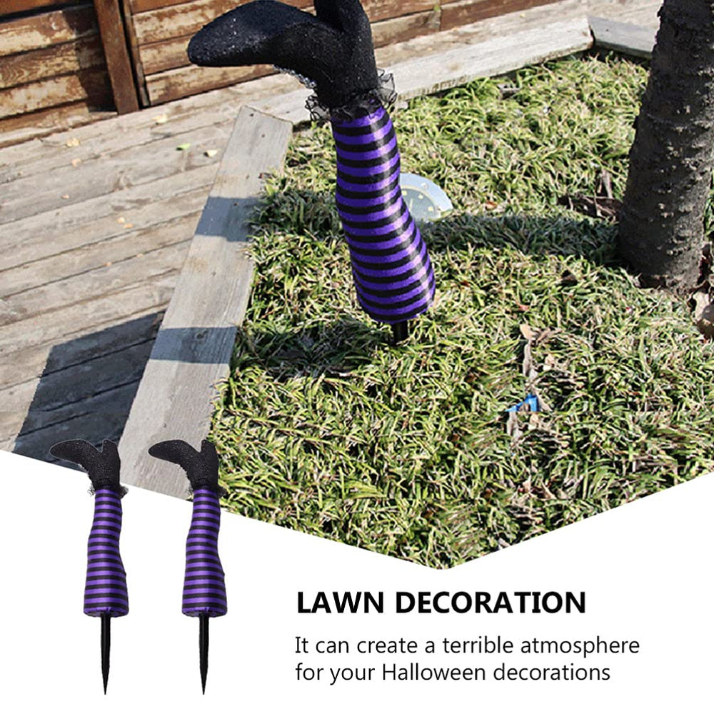 Toddmomy witch legs staked in a garden creating playful outdoor Halloween scene benefit instant curb appeal