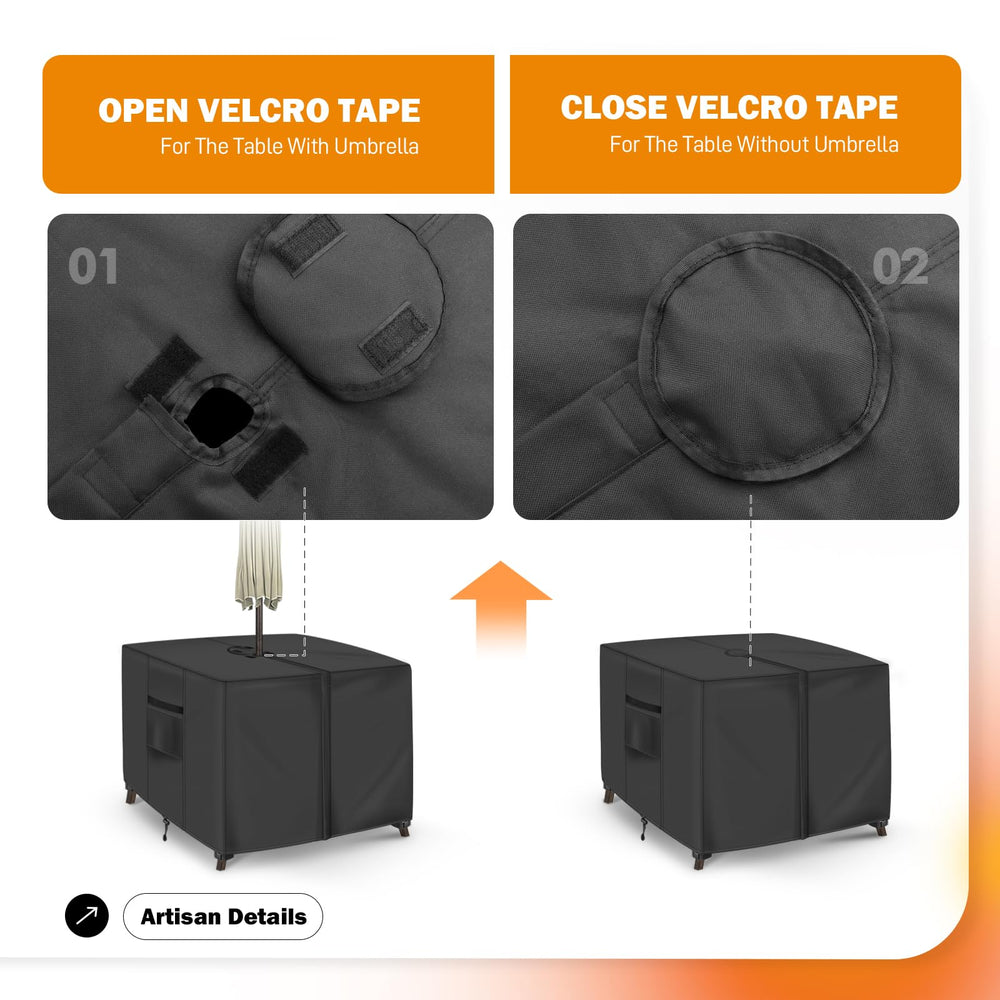 TOHONFOO umbrella hole detail with Velcro and waterproof zipper showing water protection