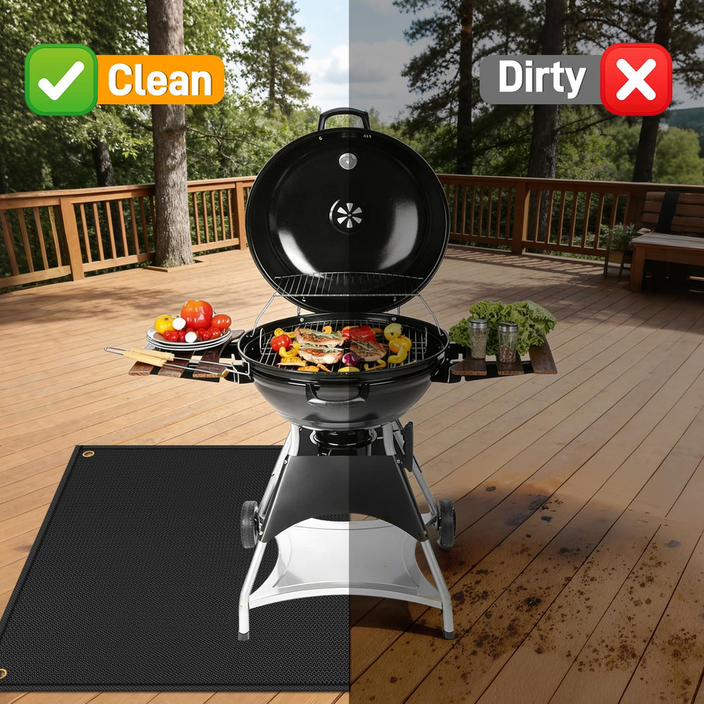 TOHONFOO mat installed under gas grill illustrating protection from spills