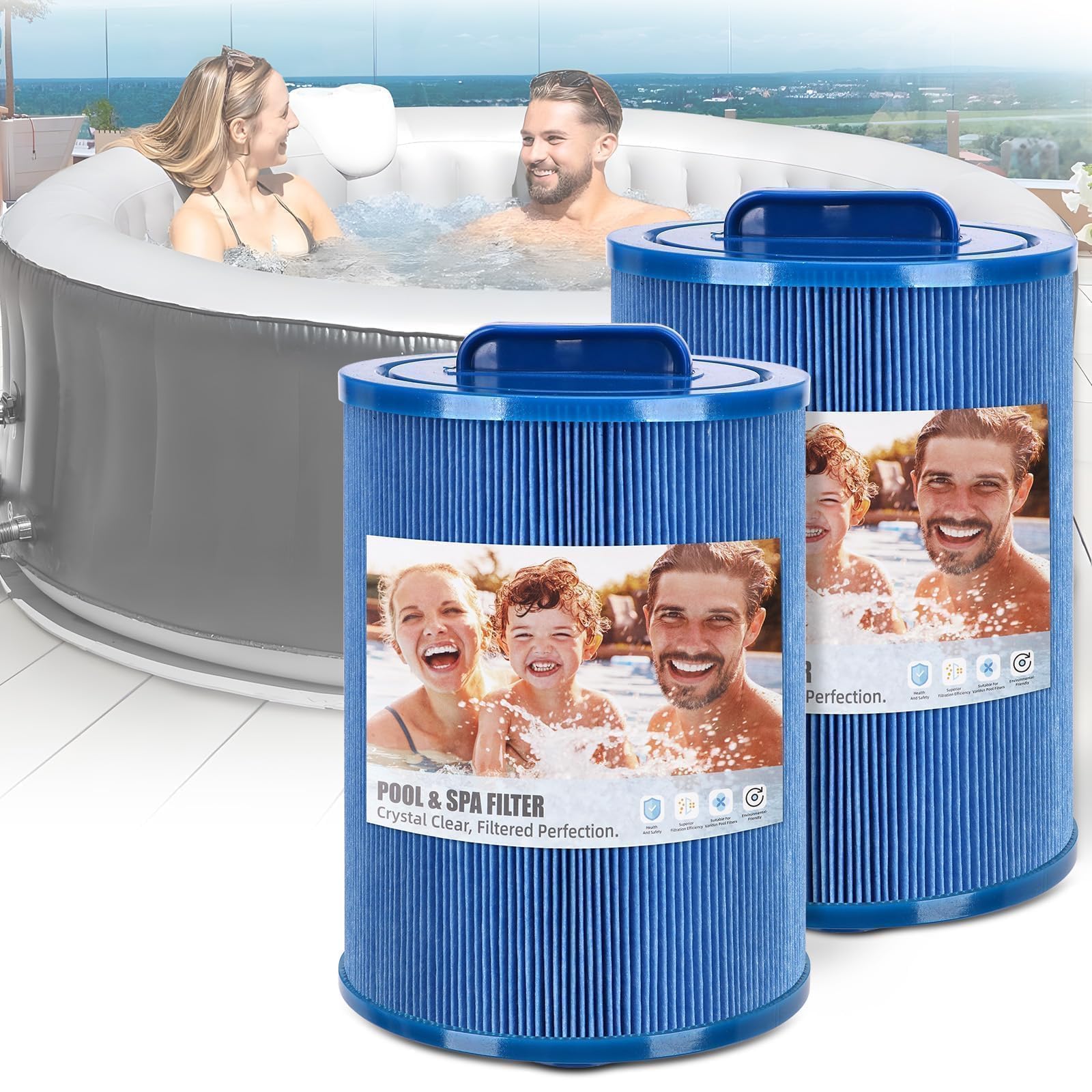 Tomanic front packaging showing two certified spa filter cartridges for reliable filtration