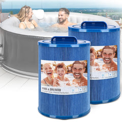 Tomanic front packaging showing two certified spa filter cartridges for reliable filtration