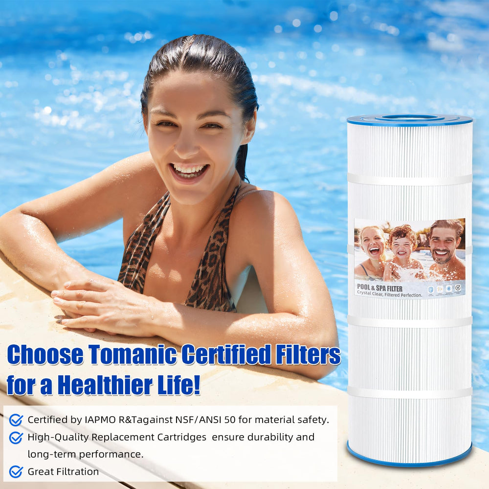 Tomanic cartridge beside a clean pool indicating clearer water and reliability
