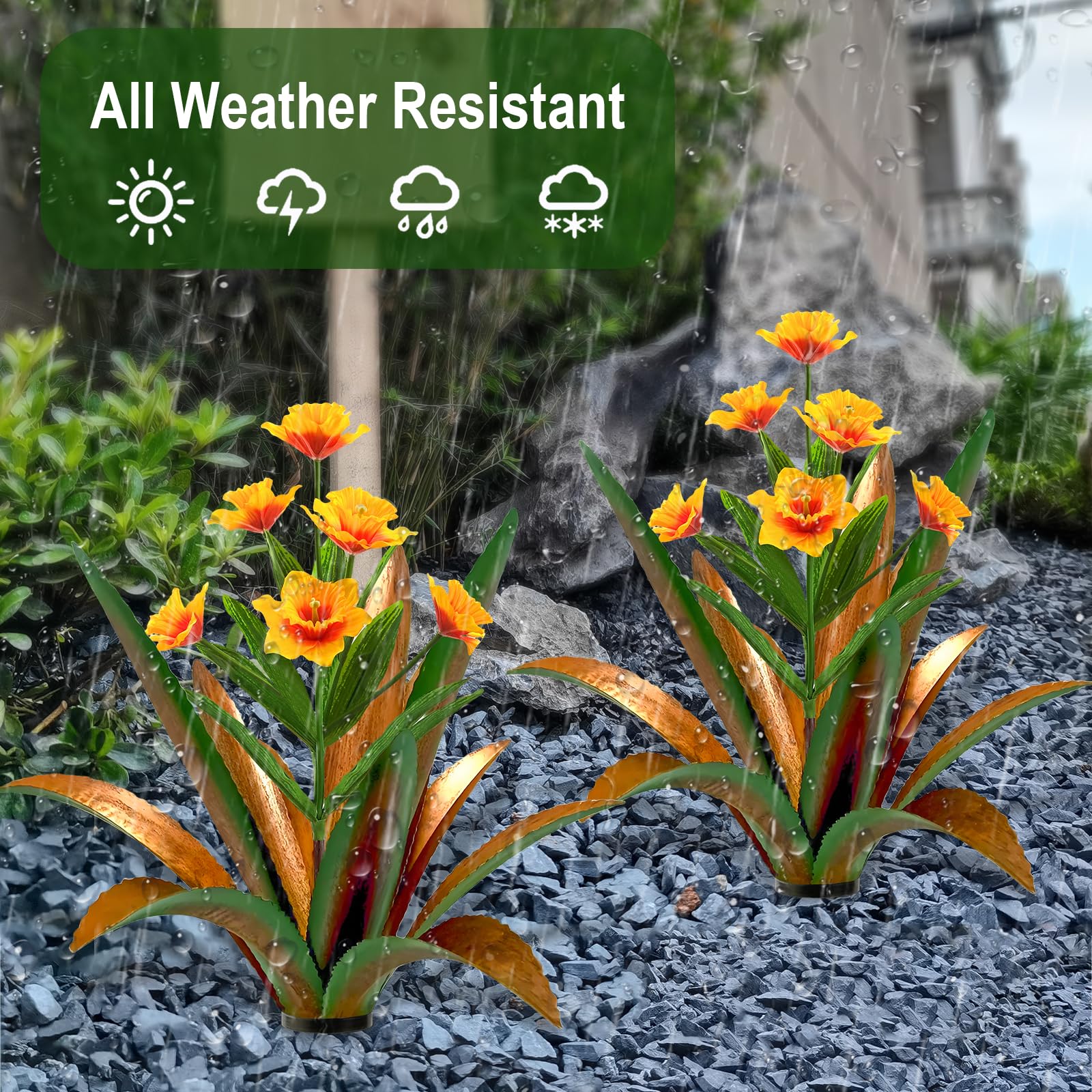 TOMBABY daffodil bloom detail on metal agave highlighting hand-painted petals and bright color retention