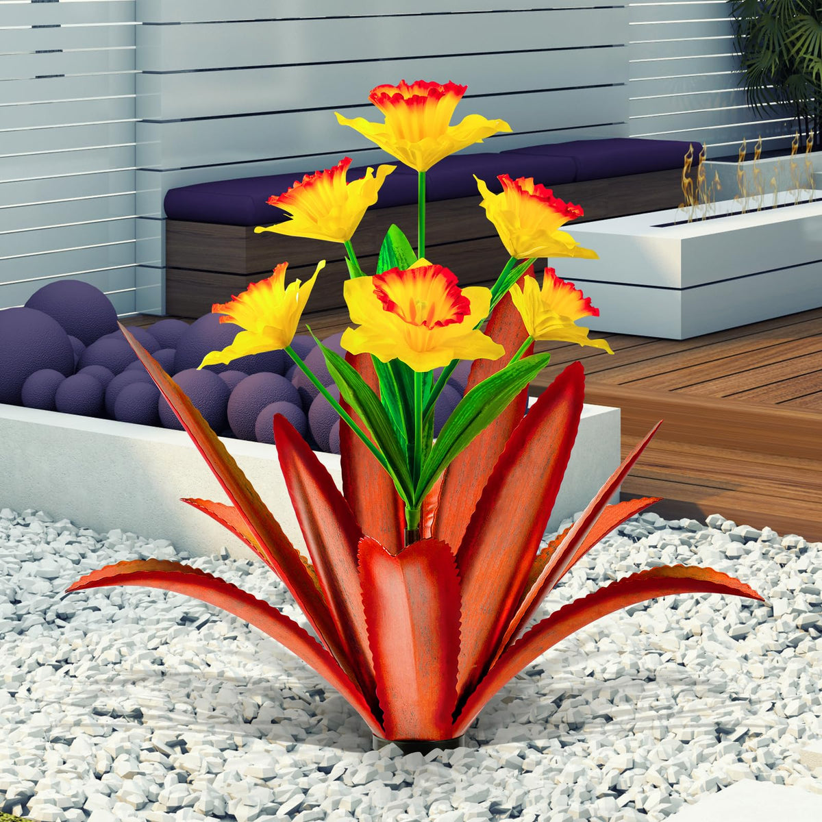 TOMBABY metal agave front view showing vibrant yellow blooms and sculptural form