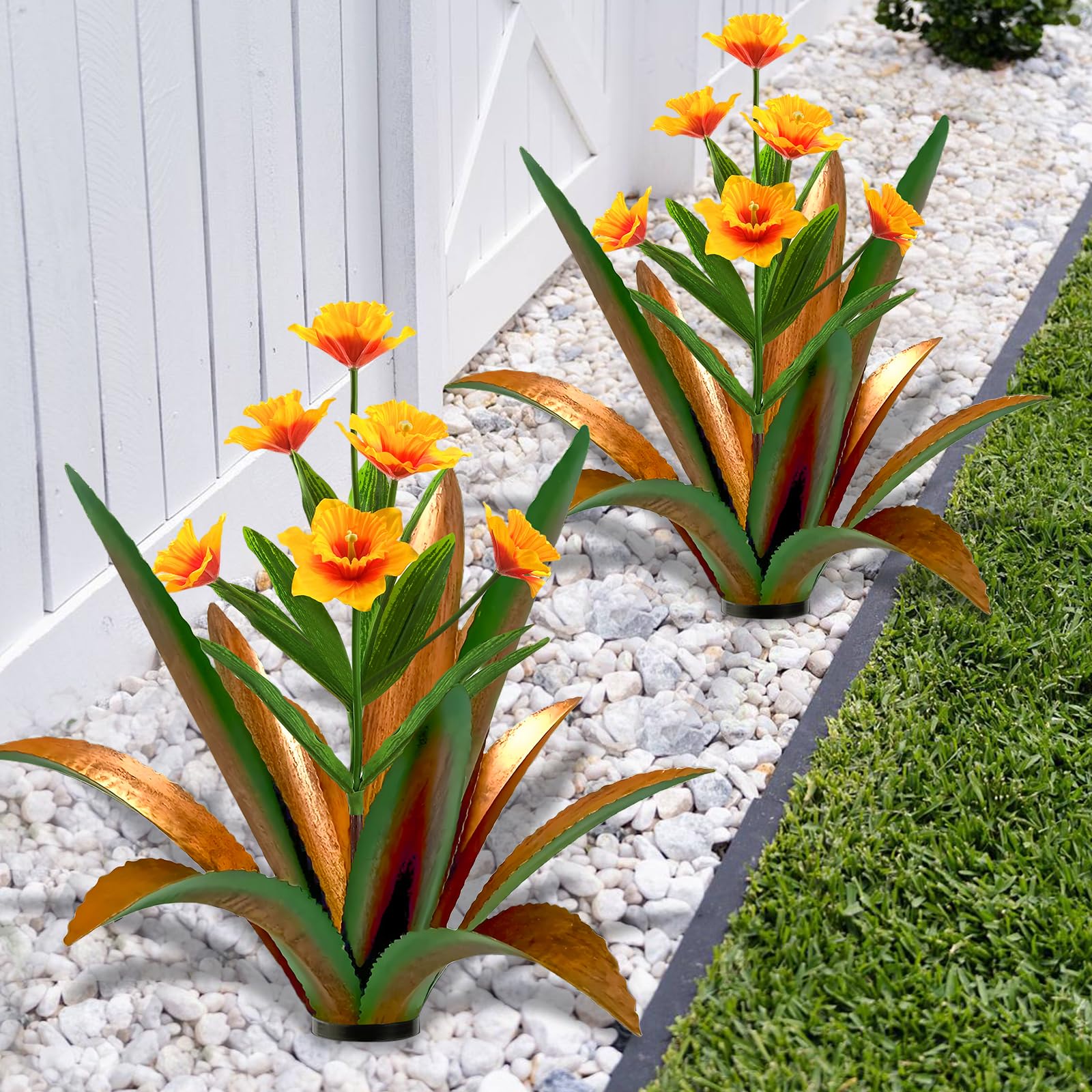 TOMBABY front view of metal agave pair showing bold green finish and daffodils for instant curb appeal