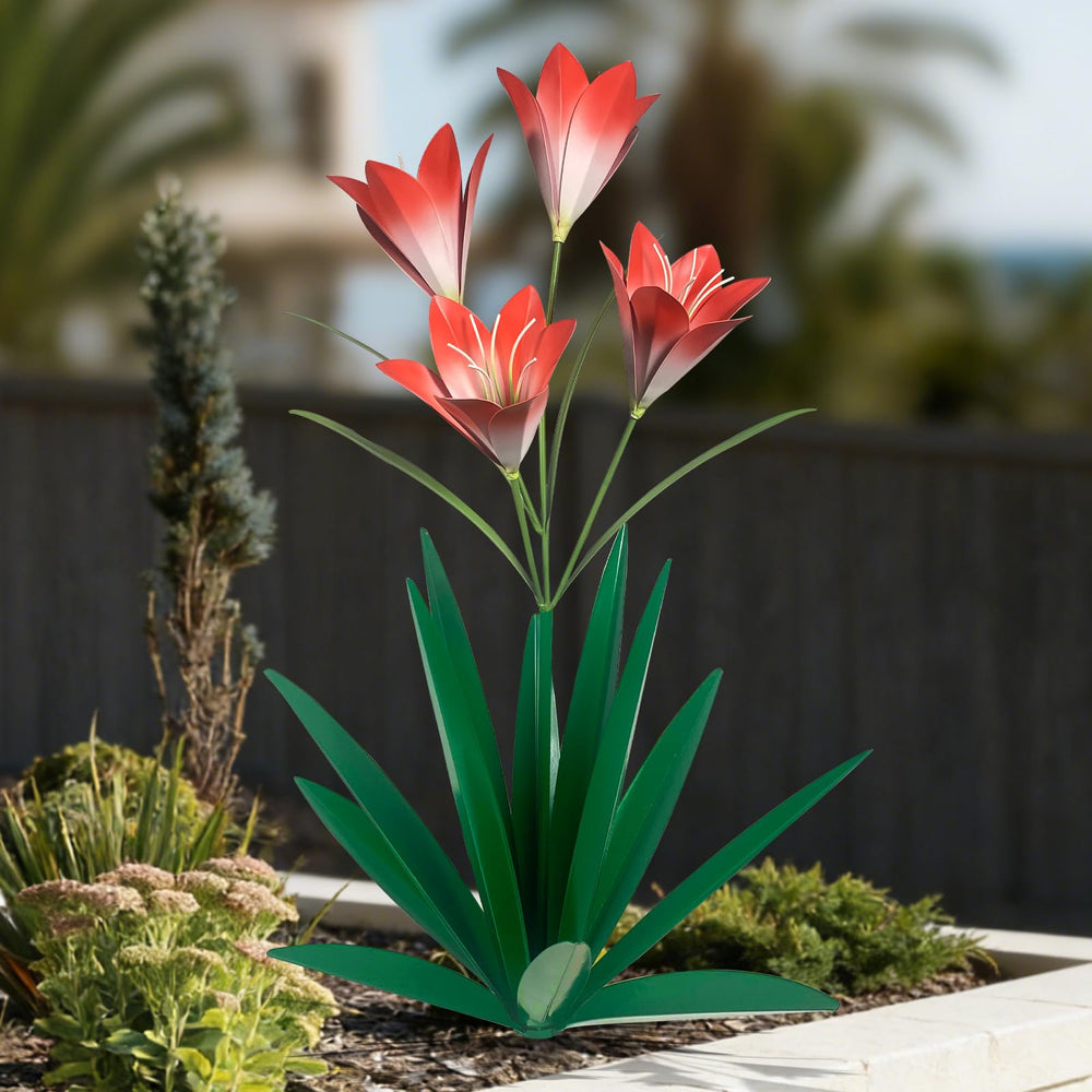 TOMBABY front view of green agave and lily sculpture showing focal benefit of garden focal point