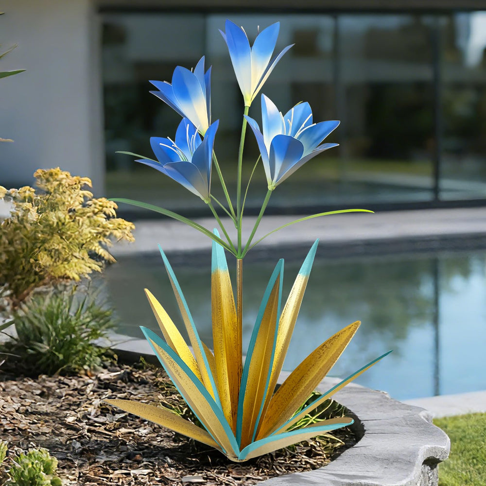 TOMBABY front view of blue metal agave yard statue showing color and shape benefit curb appeal