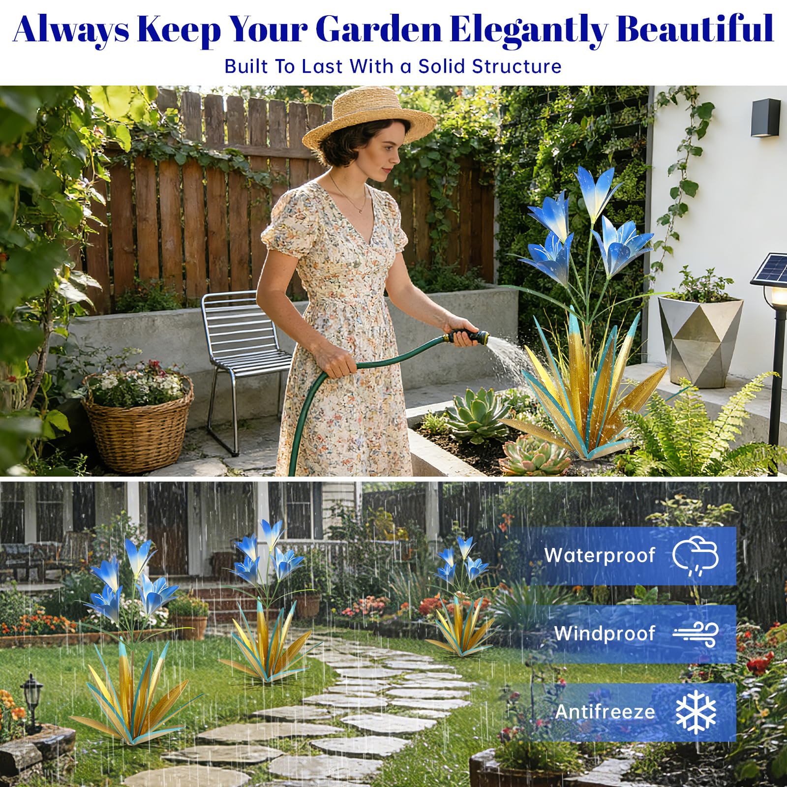 TOMBABY metal agave placed in a garden bed adding height and blue accent to plants