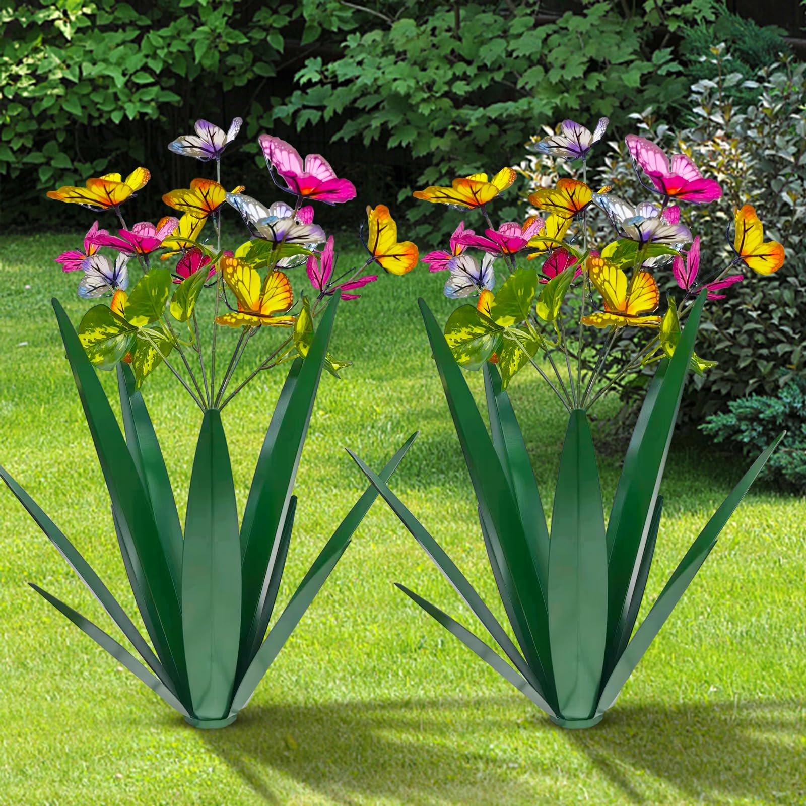 TOMBABY front view of two green metal agave butterfly stakes adding instant garden color