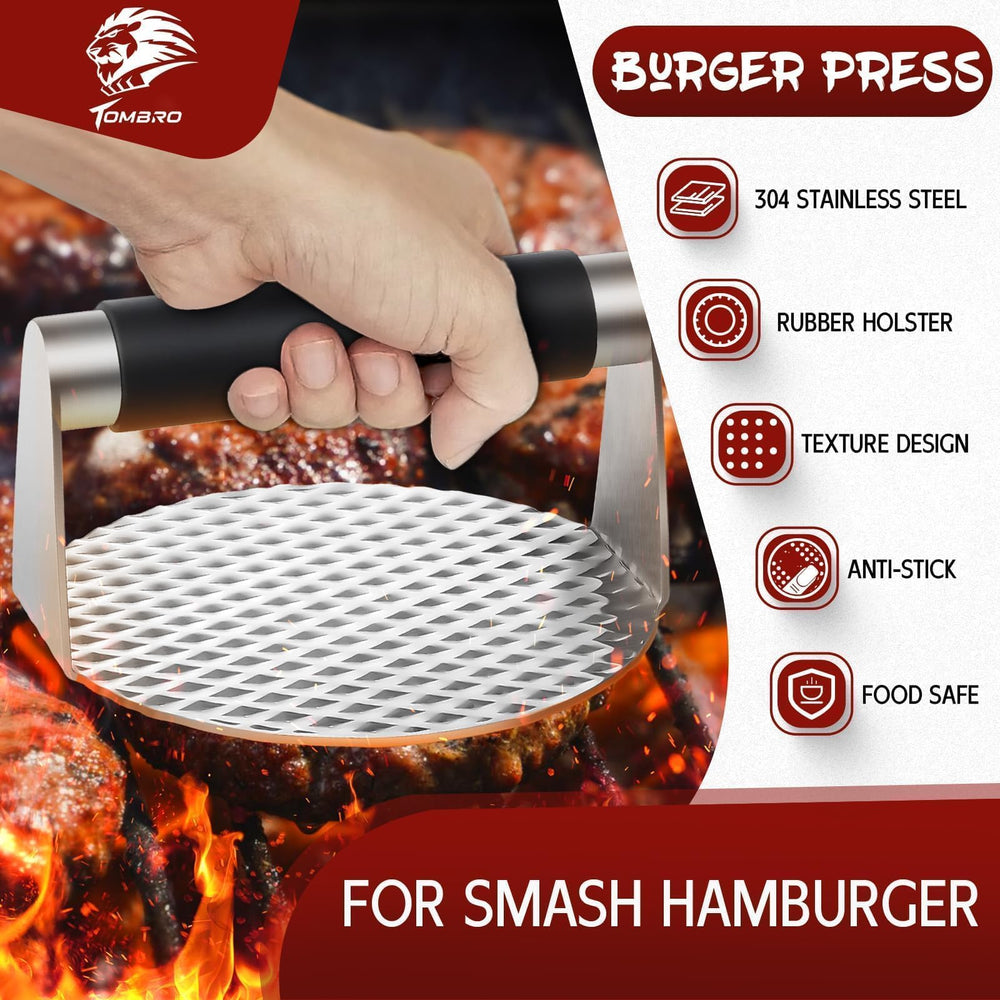 TOMBRO kit in use on griddle producing even sear and crisp edges
