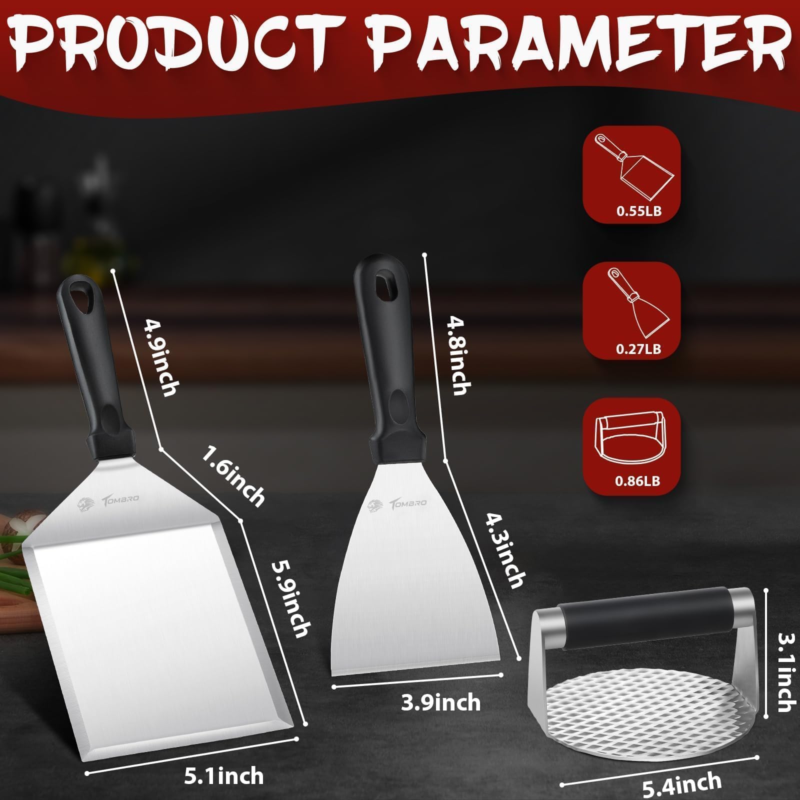 TOMBRO spatula lifting a large patty for confident handling on grill