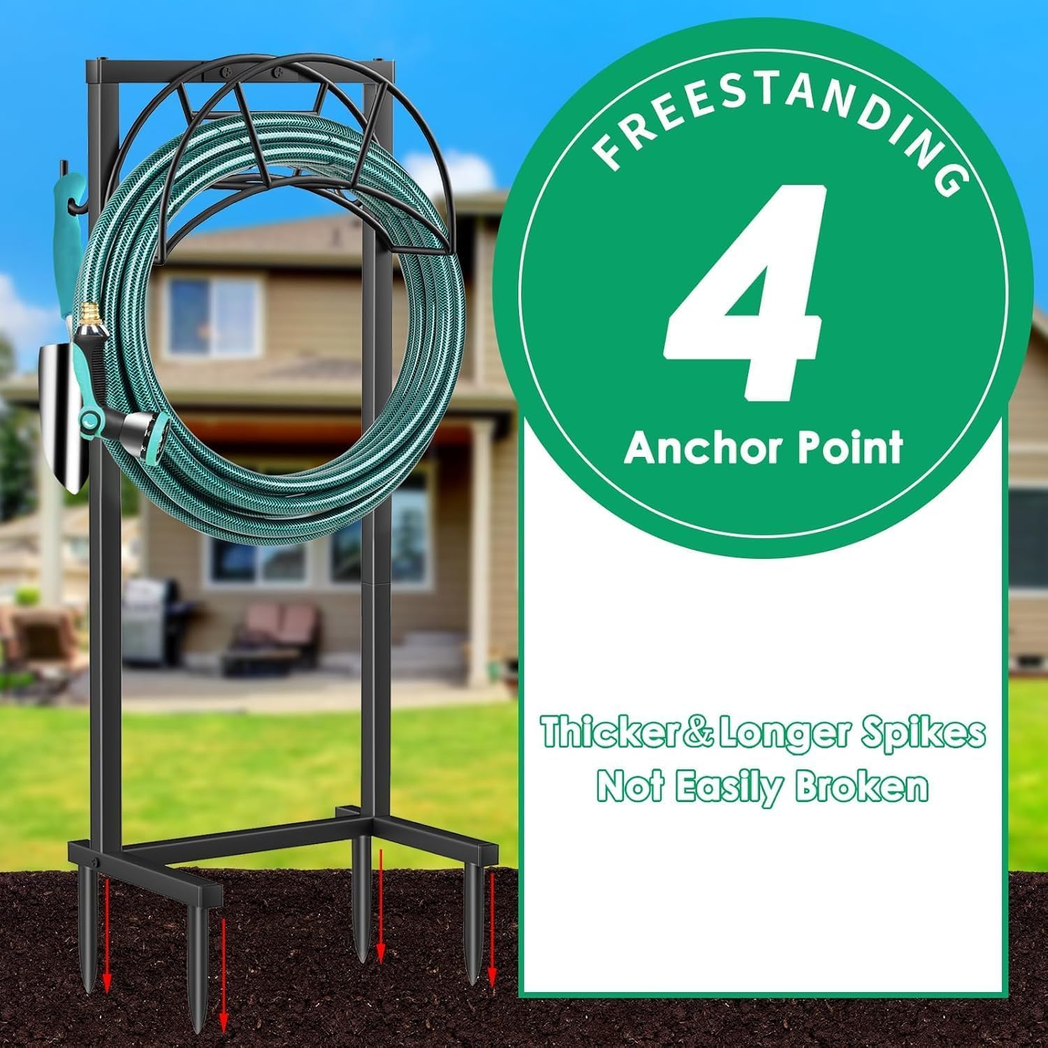 TomCare dual hooks holding a sprinkler and trowel for easy access benefit