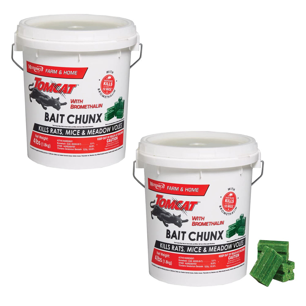 Tomcat bromethalin pail front view showing label and secure lid for professional storage