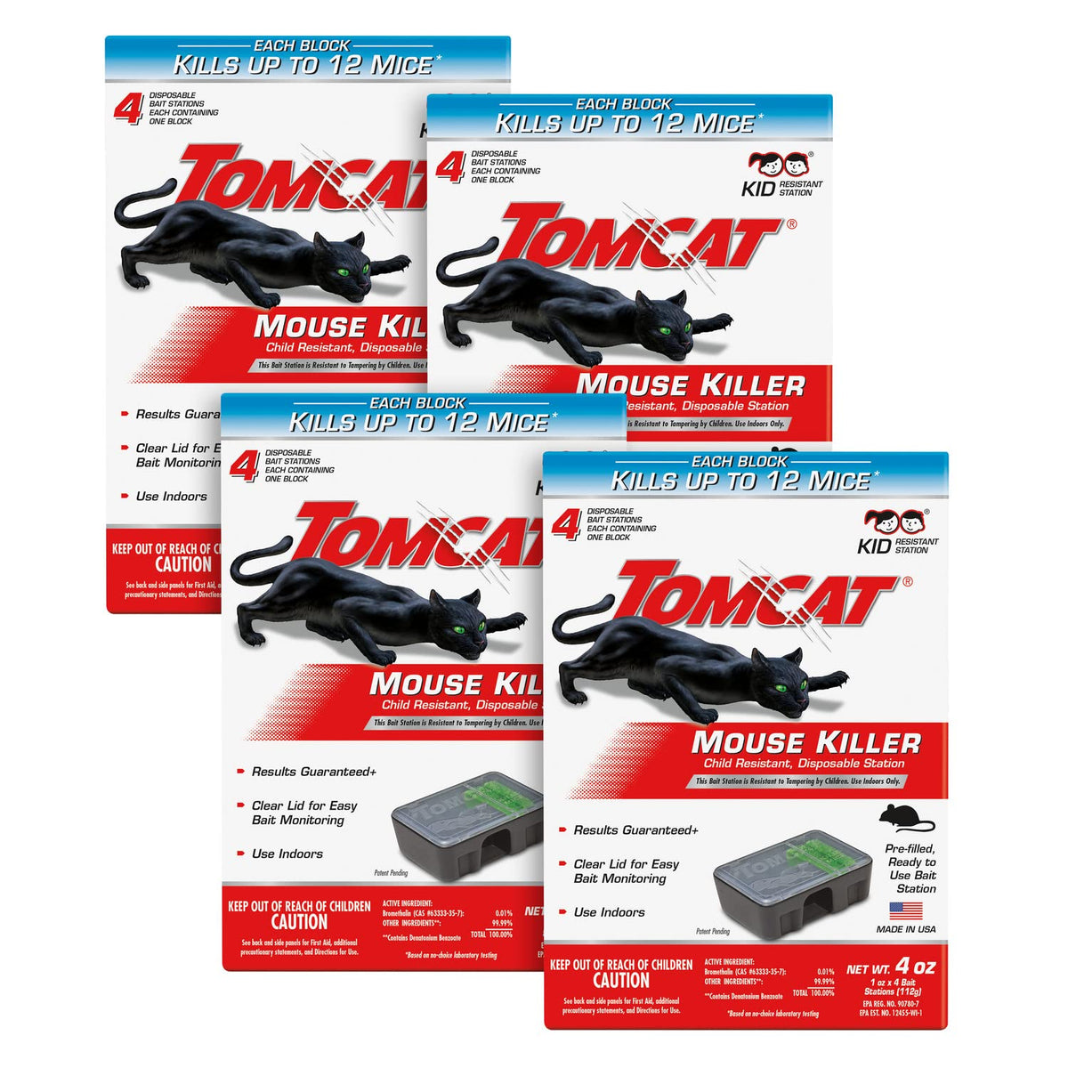Tomcat front packaging showing four packages and compact stations for convenience