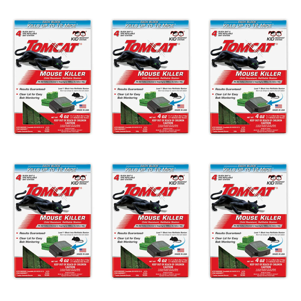 Tomcat front packaging showing station and bait blocks for secure indoor rodent control