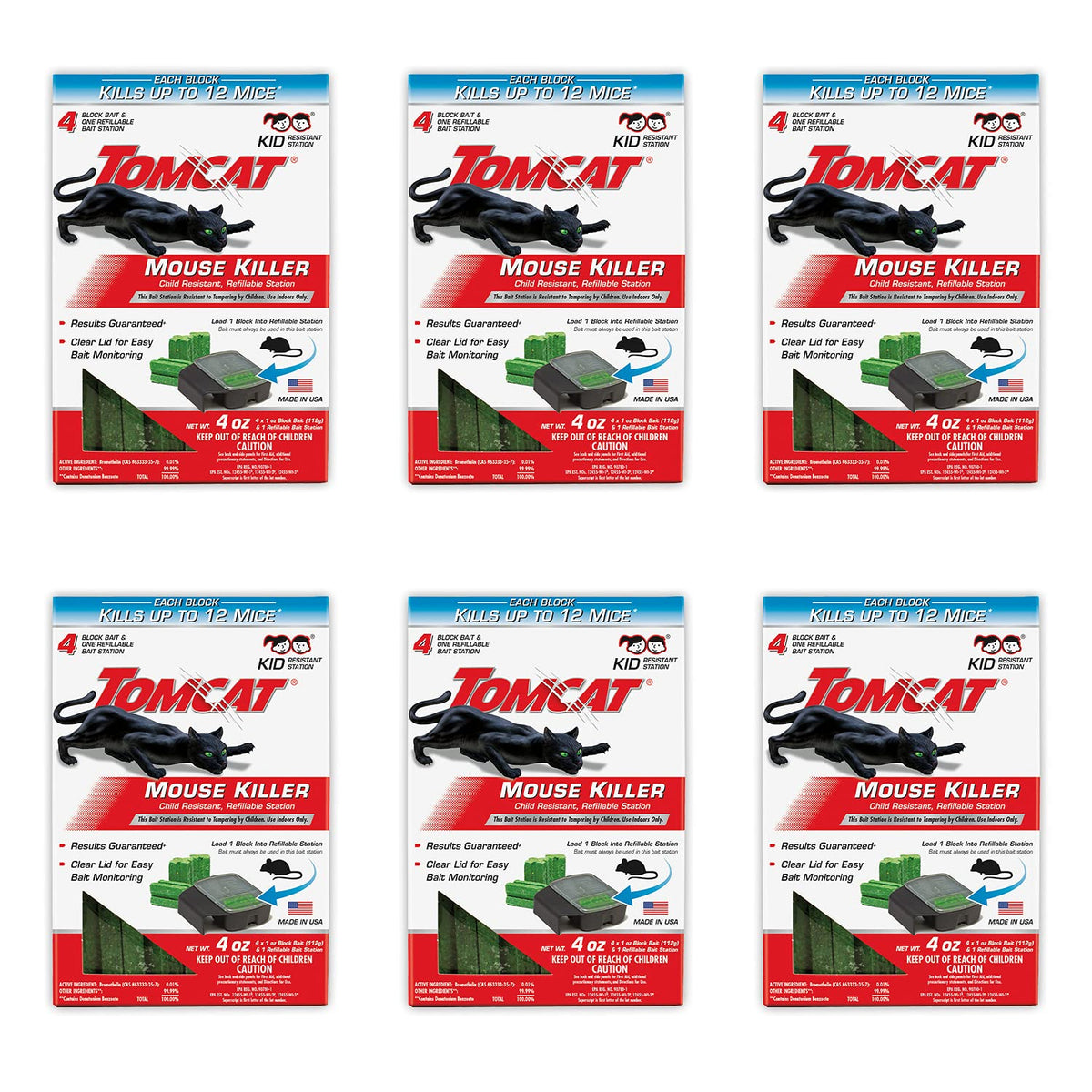 Tomcat front packaging showing station and bait blocks for secure indoor rodent control