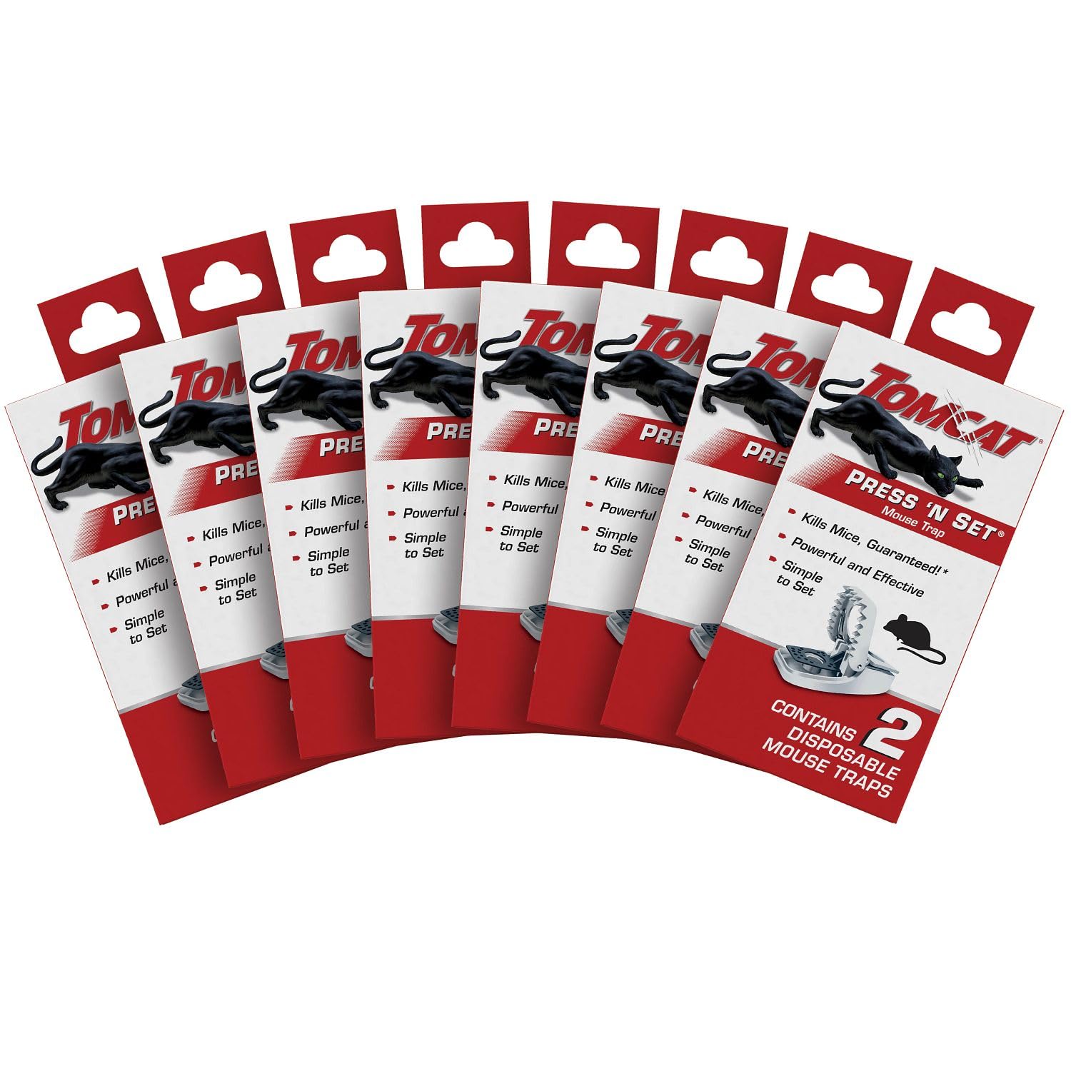Tomcat front packaging showing 16 press 'n set traps and product benefits