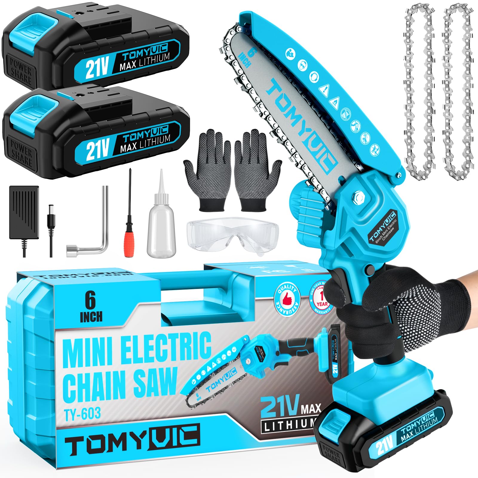 Tomyvic front packaging showing compact 6-inch chainsaw with accessories and batteries