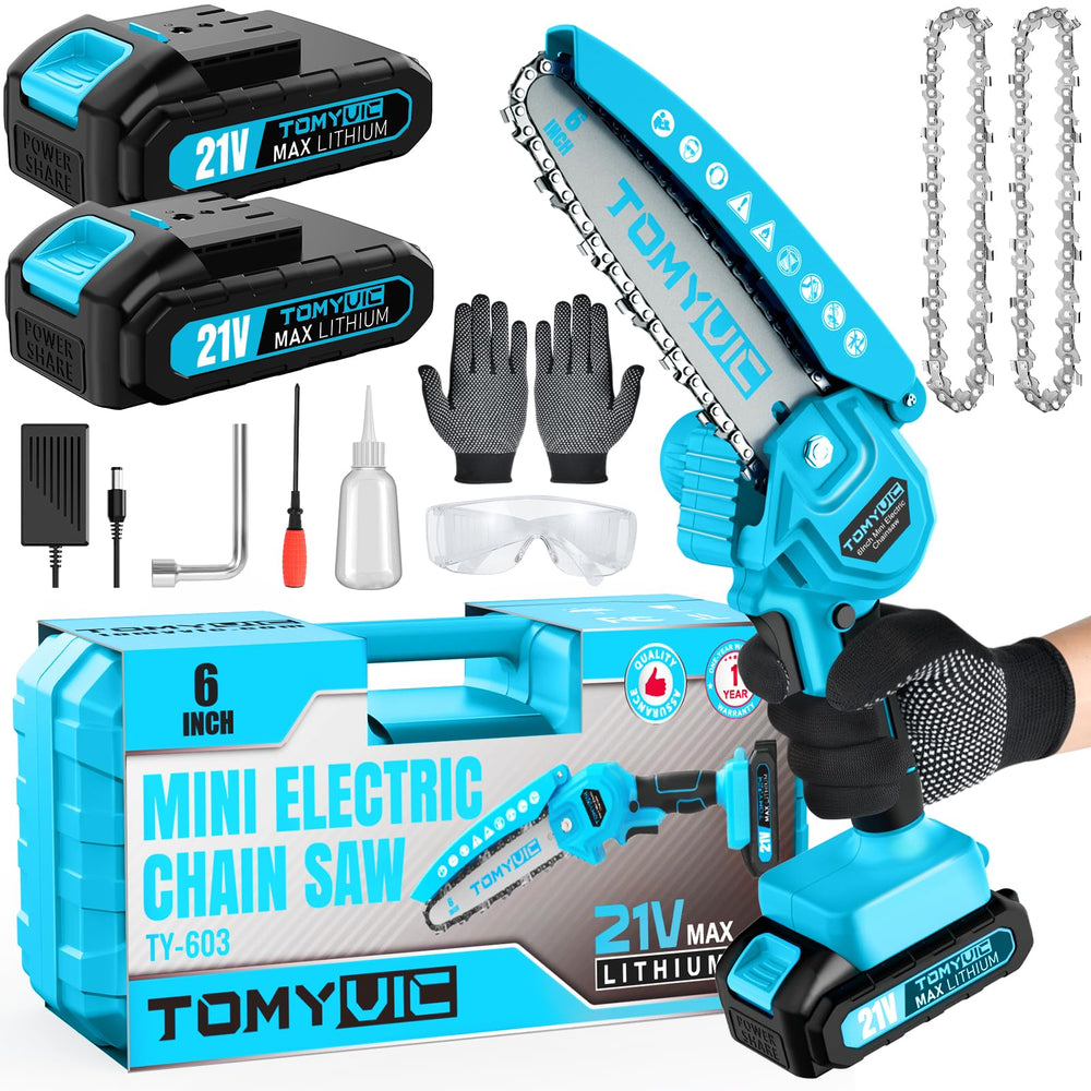 Tomyvic front packaging showing compact 6-inch chainsaw with accessories and batteries