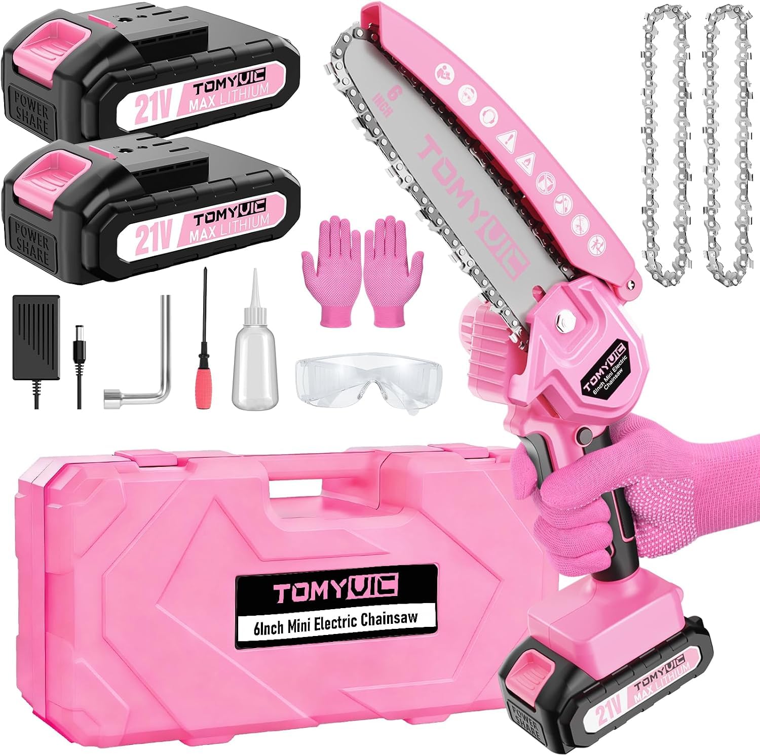 Tomyvic mini chainsaw front view showing compact pink housing and controls for easy handling
