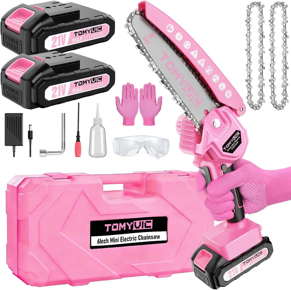 Tomyvic mini chainsaw front view showing compact pink housing and controls for easy handling