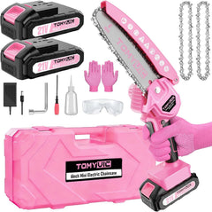 Tomyvic mini chainsaw front view showing compact pink housing and controls for easy handling