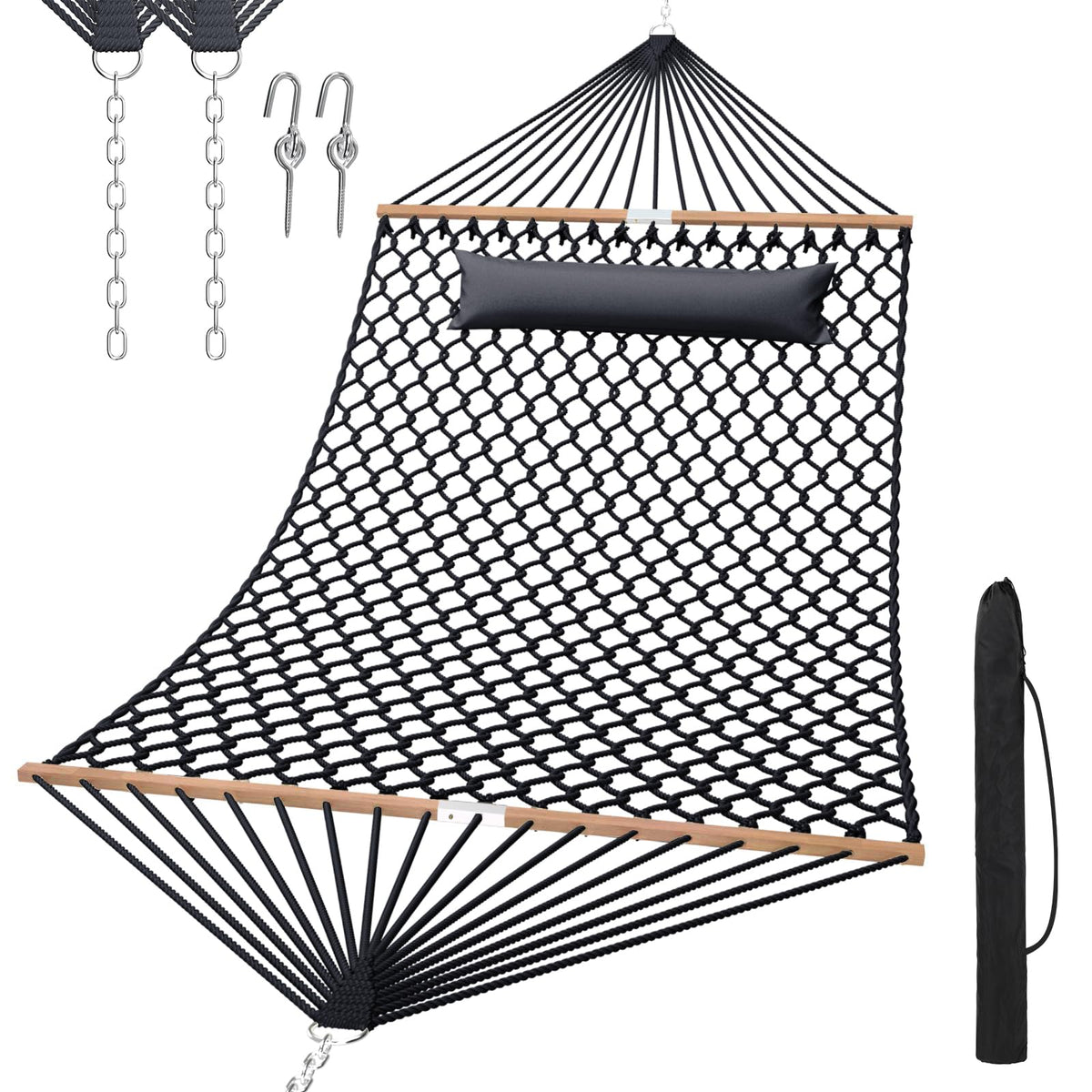 TONAHUTU front view of dark gray double hammock showing full bed for two comfort