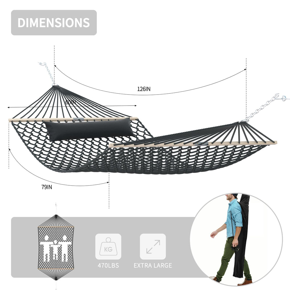TONAHUTU hammock suspended on a metal stand showing stable outdoor setup