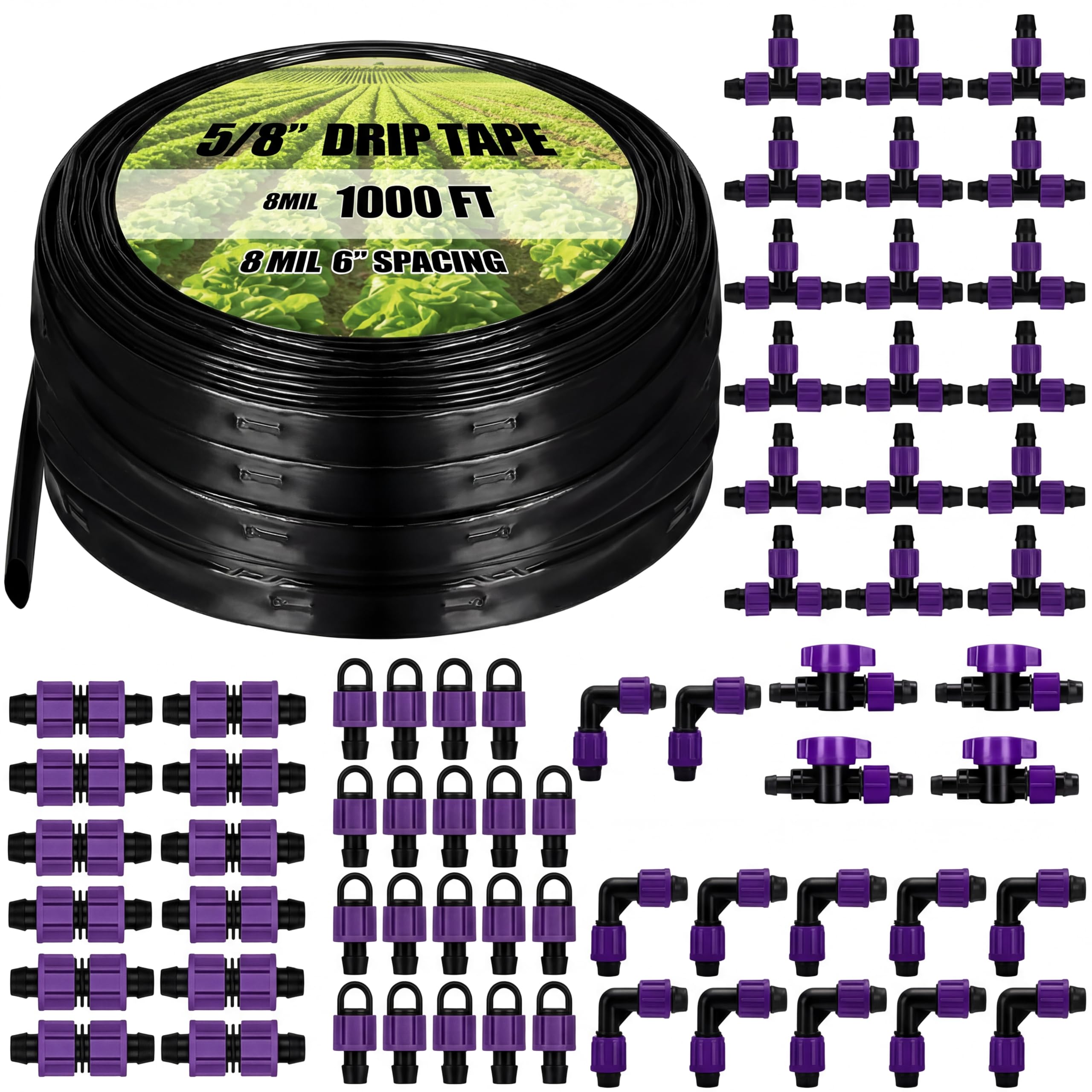 Tondiamo front view of 1000' drip tape kit showing roll and fittings, easy setup benefit