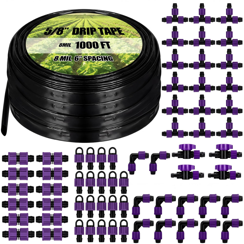 Tondiamo front view of 1000' drip tape kit showing roll and fittings, easy setup benefit