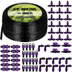 Tondiamo front view of 1000' drip tape kit showing roll and fittings, easy setup benefit