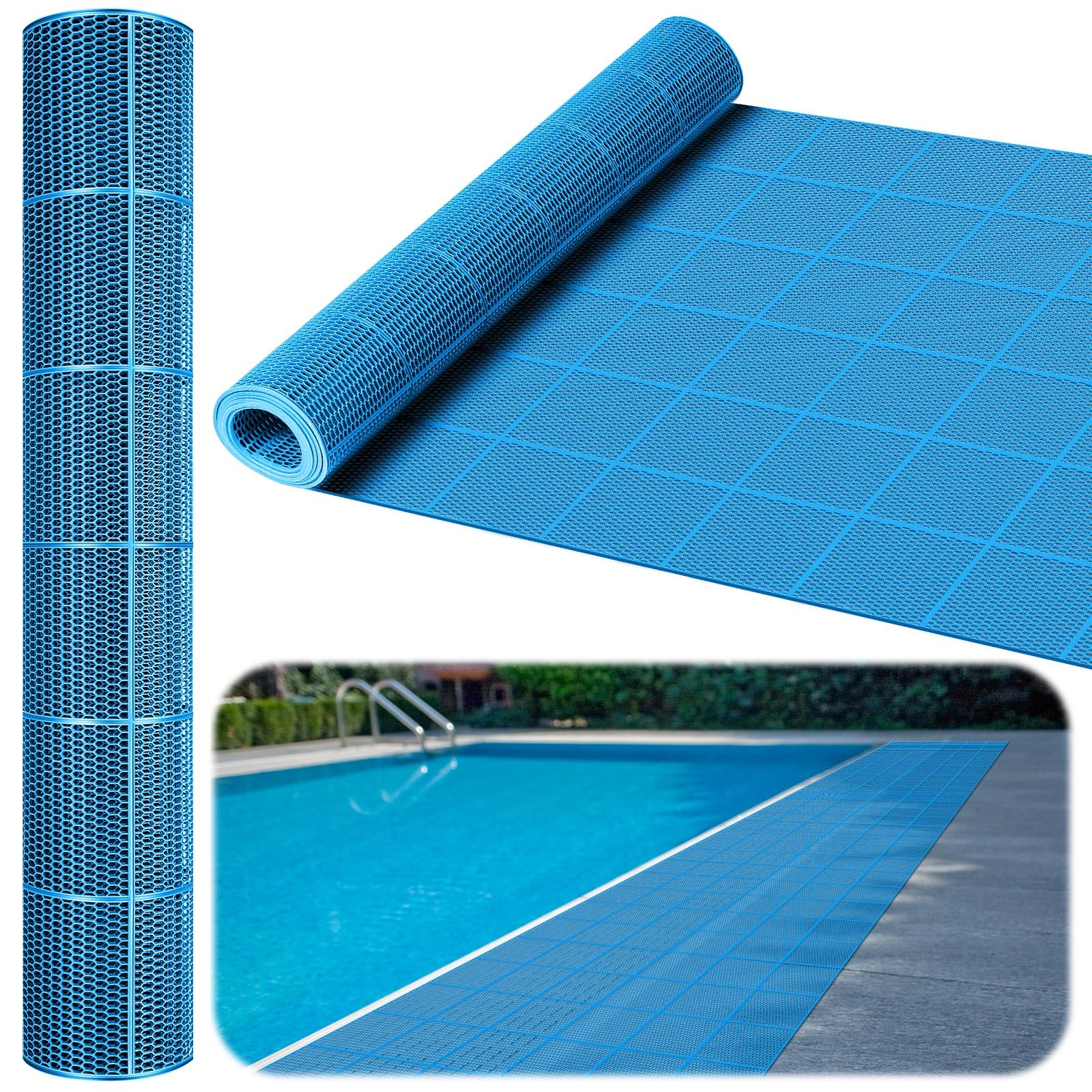 Tondiamo front view of rolled blue pool mat showing size and coverage benefit