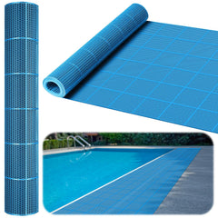 Tondiamo front view of rolled blue pool mat showing size and coverage benefit