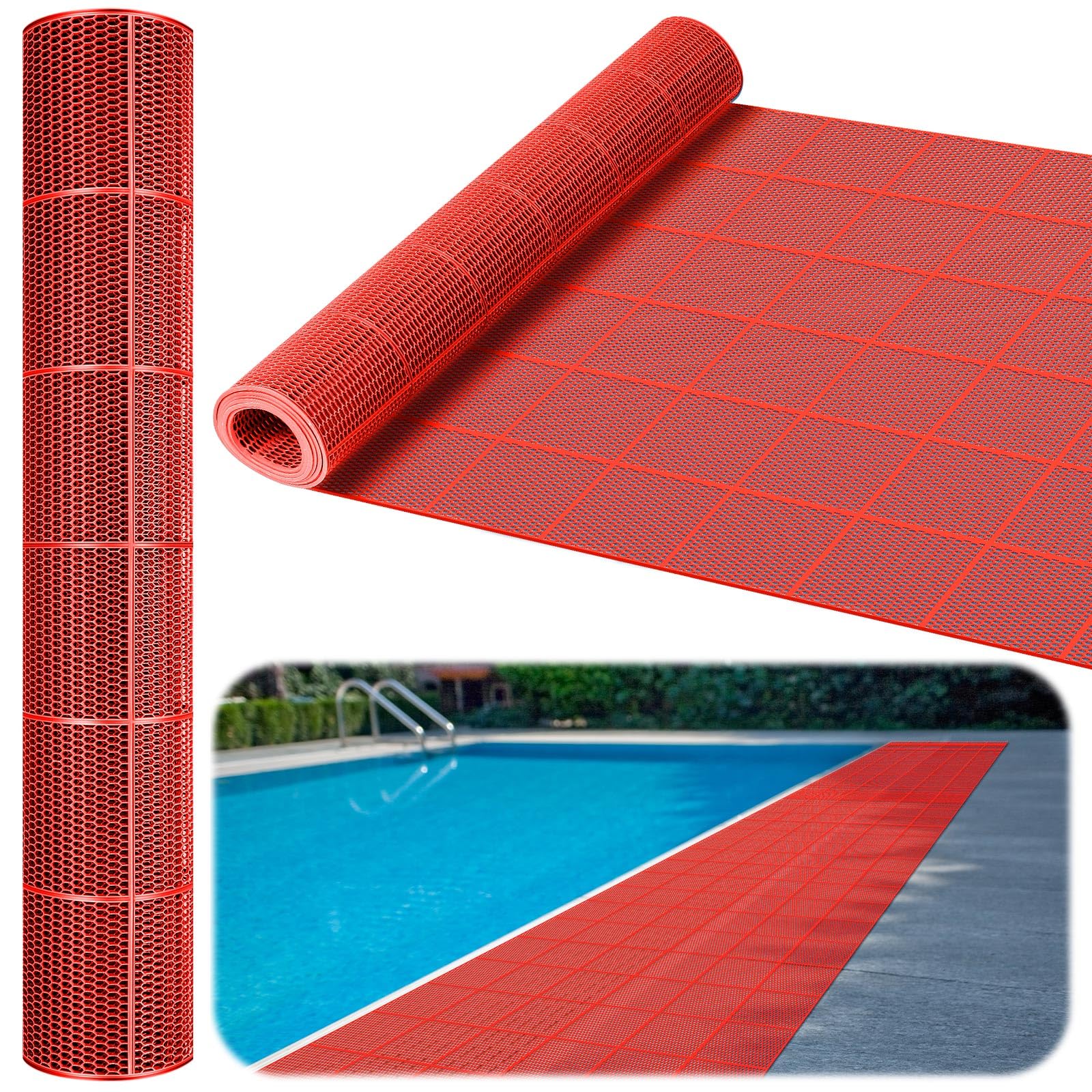 Tondiamo front view of red 3x10 ft pool mat showing full length and grip benefit