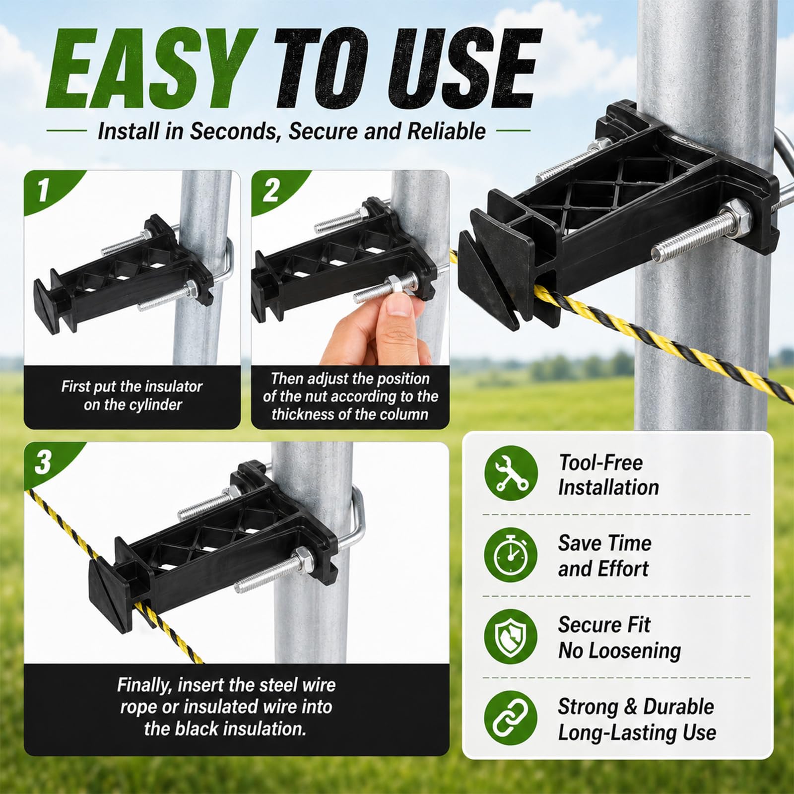 Tondiamo insulator snapped onto a 2" round post showing secure fit