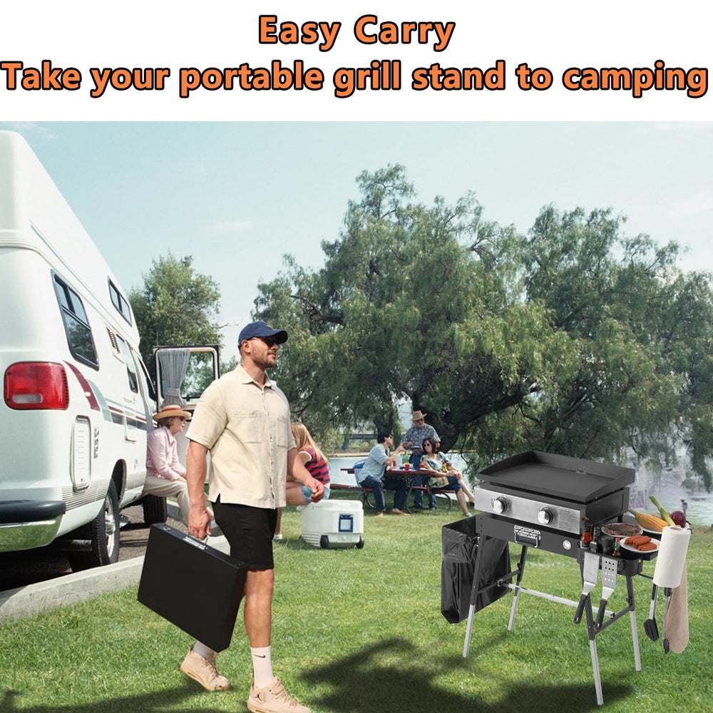 TONFUGLN table in camping setup beside grill showing portable outdoor convenience benefit