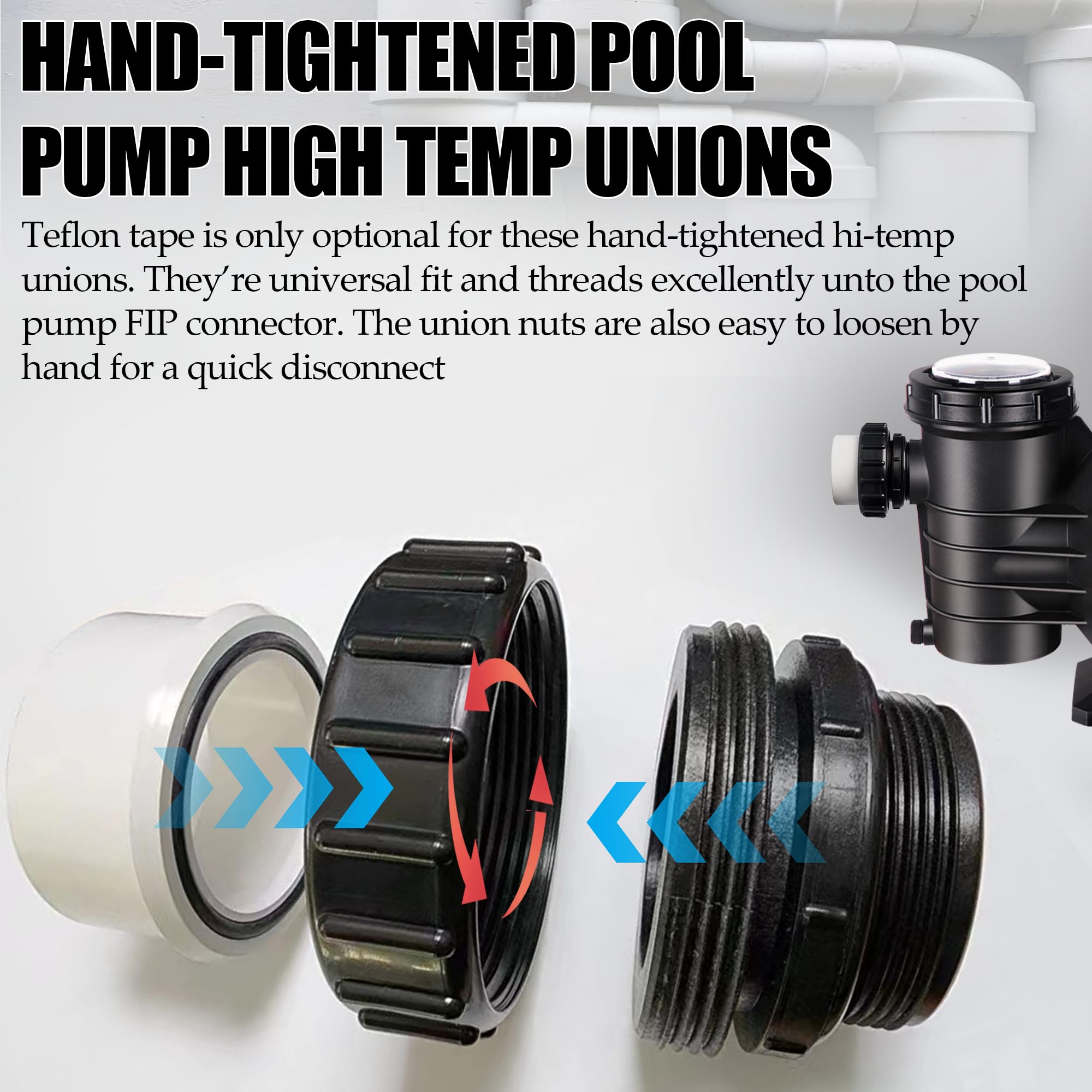 TonGass union installed on a pool pump port showing compatibility with Pentair pumps