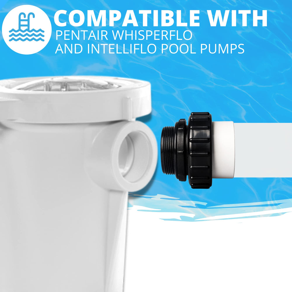 TonGass unions staged near a backyard pool pump illustrating easy maintenance advantage