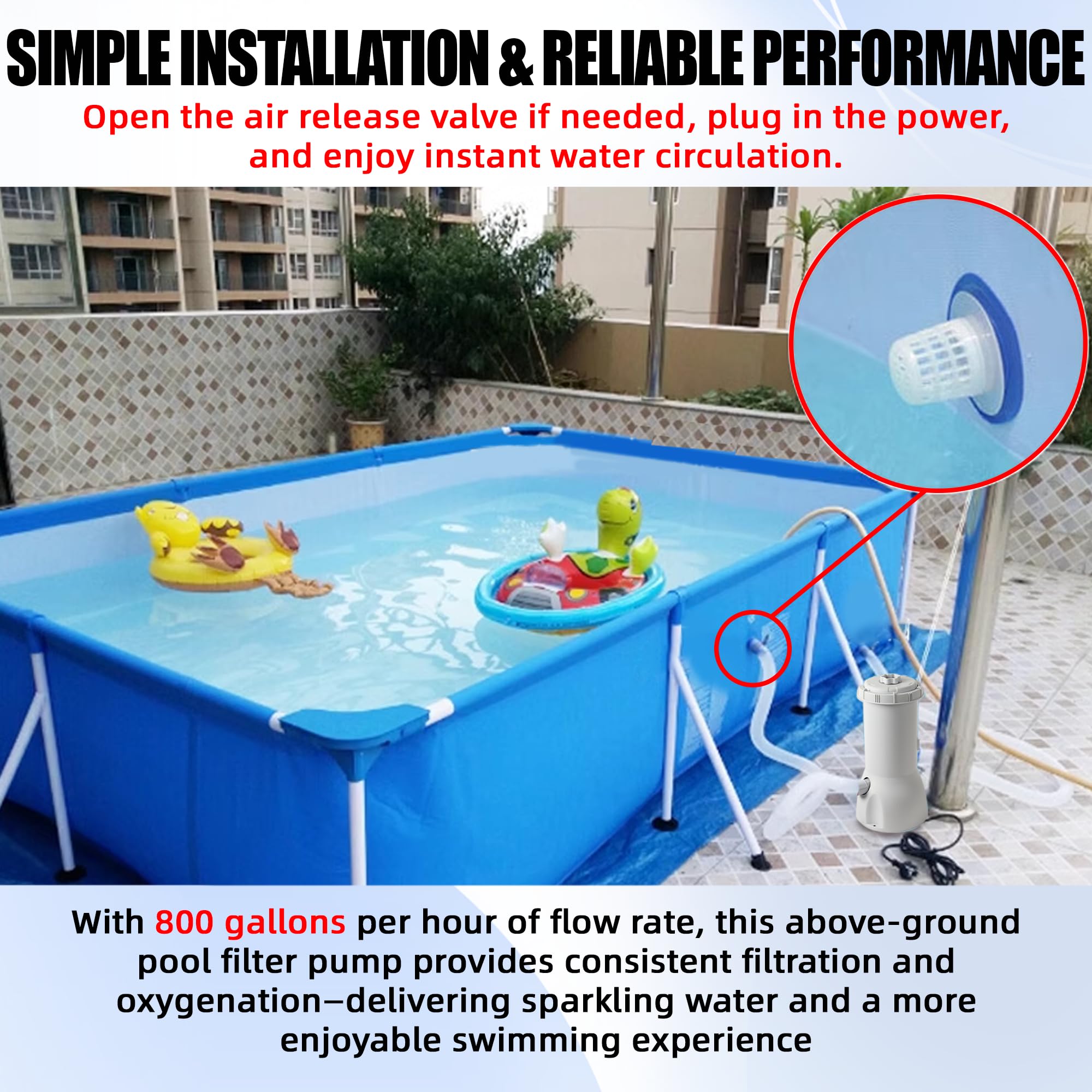 TonGass pump next to gallon bucket showing scale and appropriate pool sizing