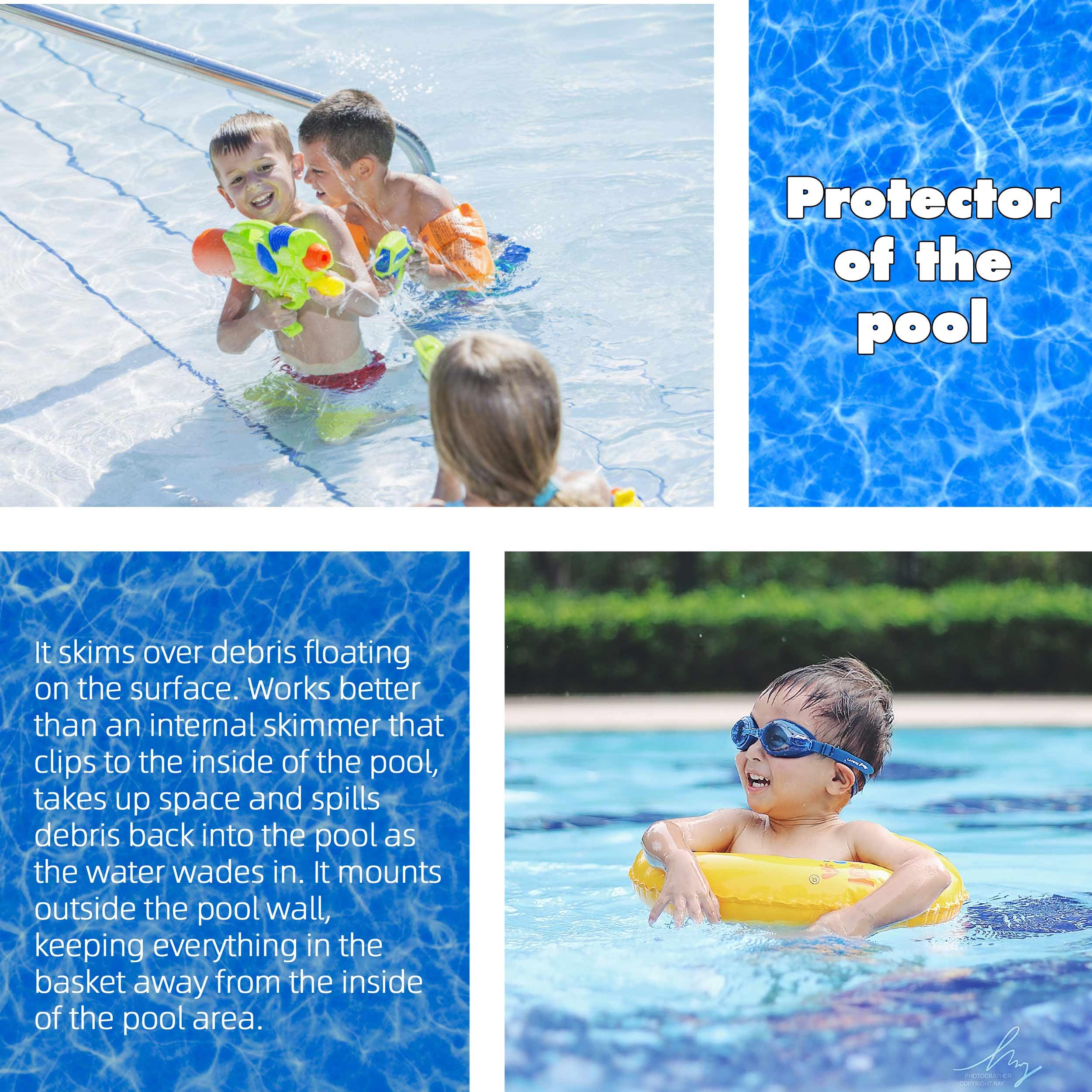 TonGass skimmer installed poolside demonstrating improved surface skimming benefit