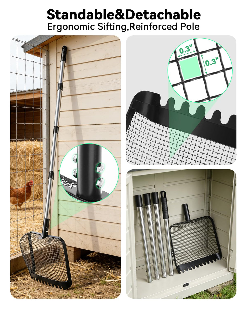 Tongjing in use in chicken coop collecting waste with minimal bending