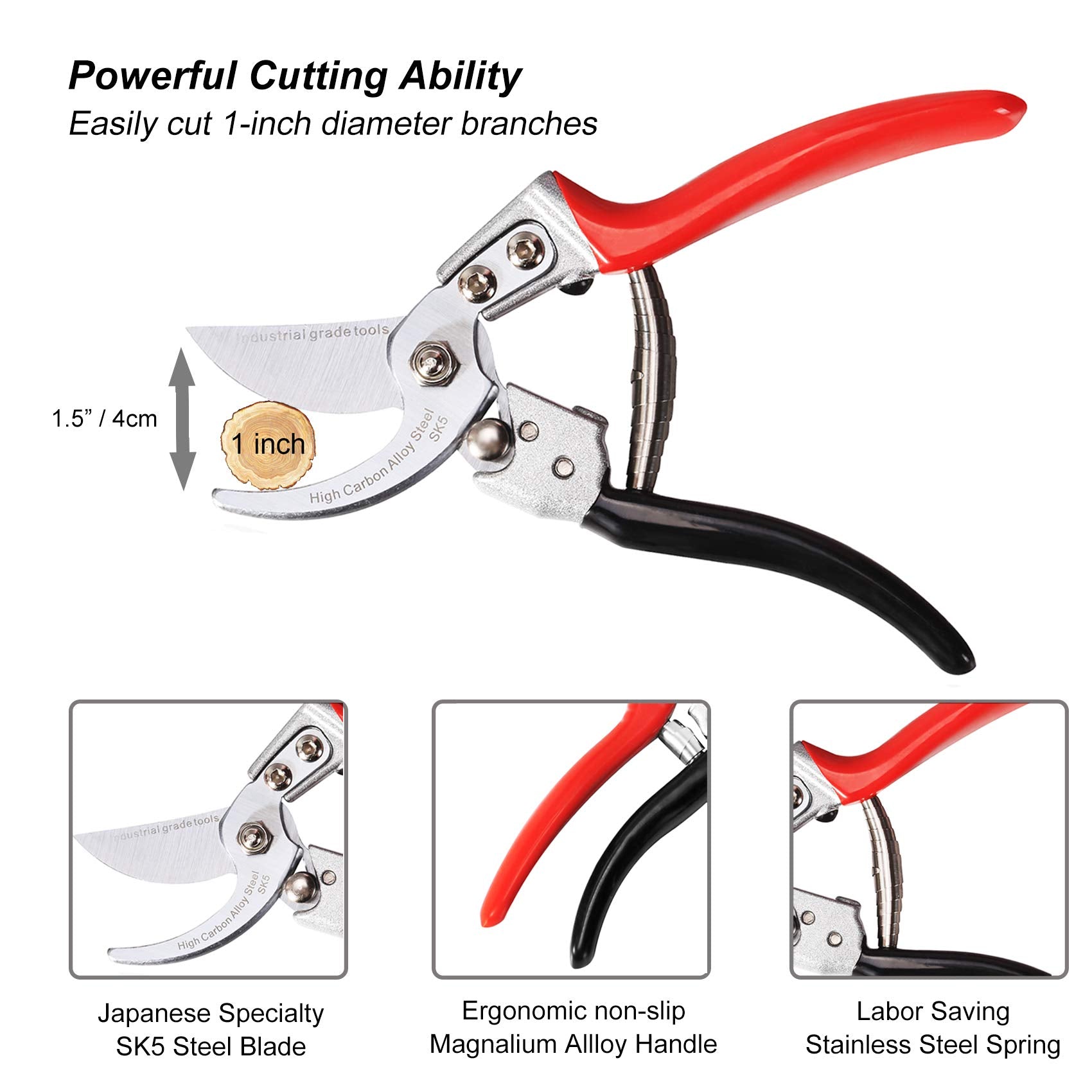 TONMA ergonomic handle detail demonstrating reduced hand strain during pruning