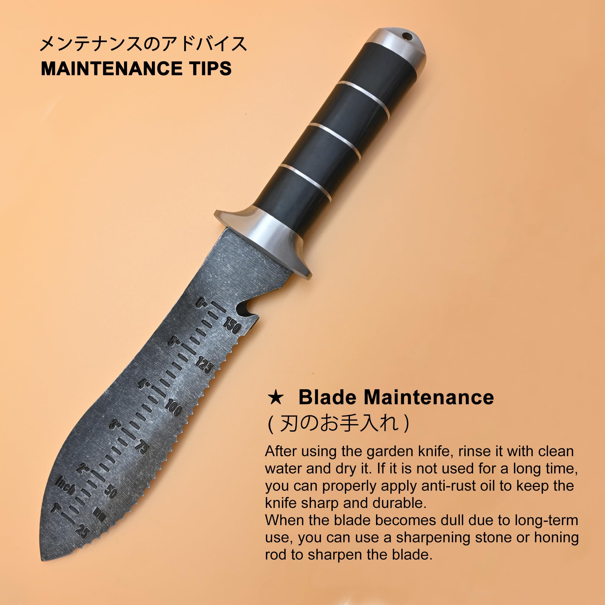 TONMA engraved inch markers on blade for precise planting depth guidance
