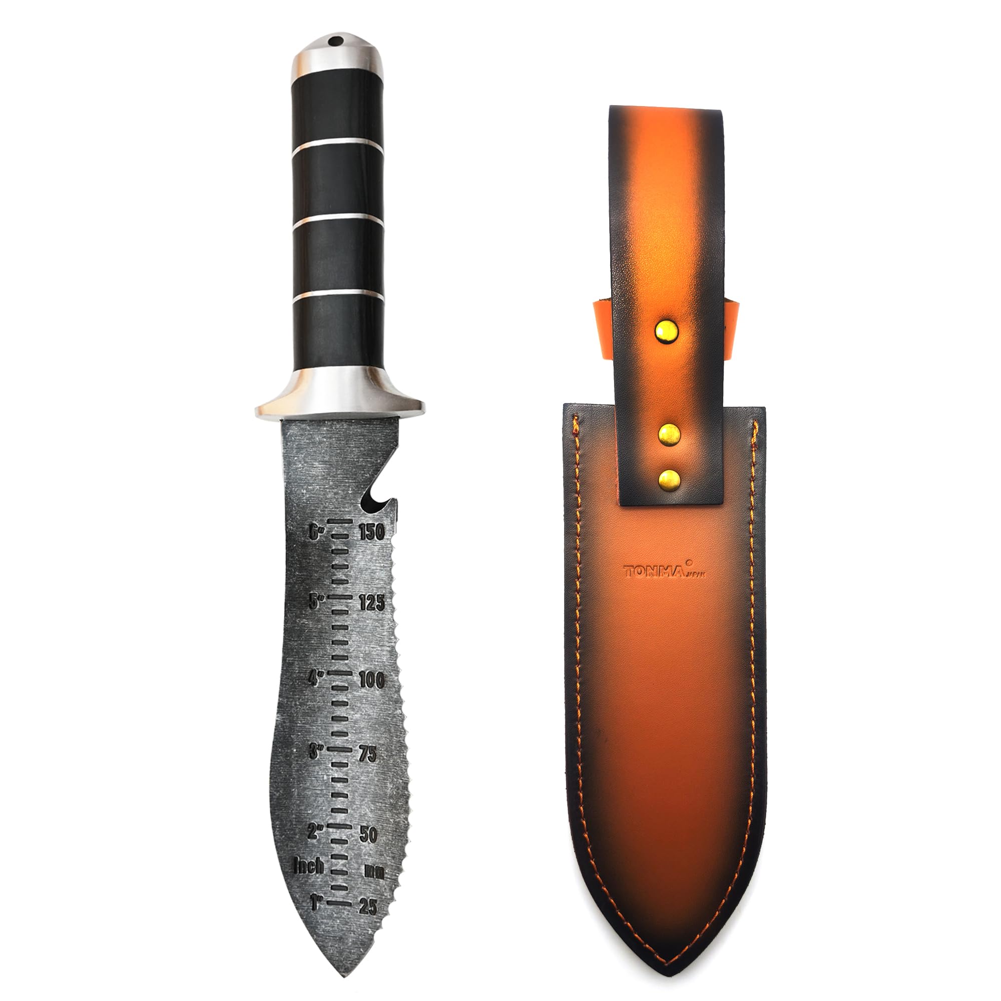 TONMA front view of hori hori knife showing full blade and tip for versatile digging